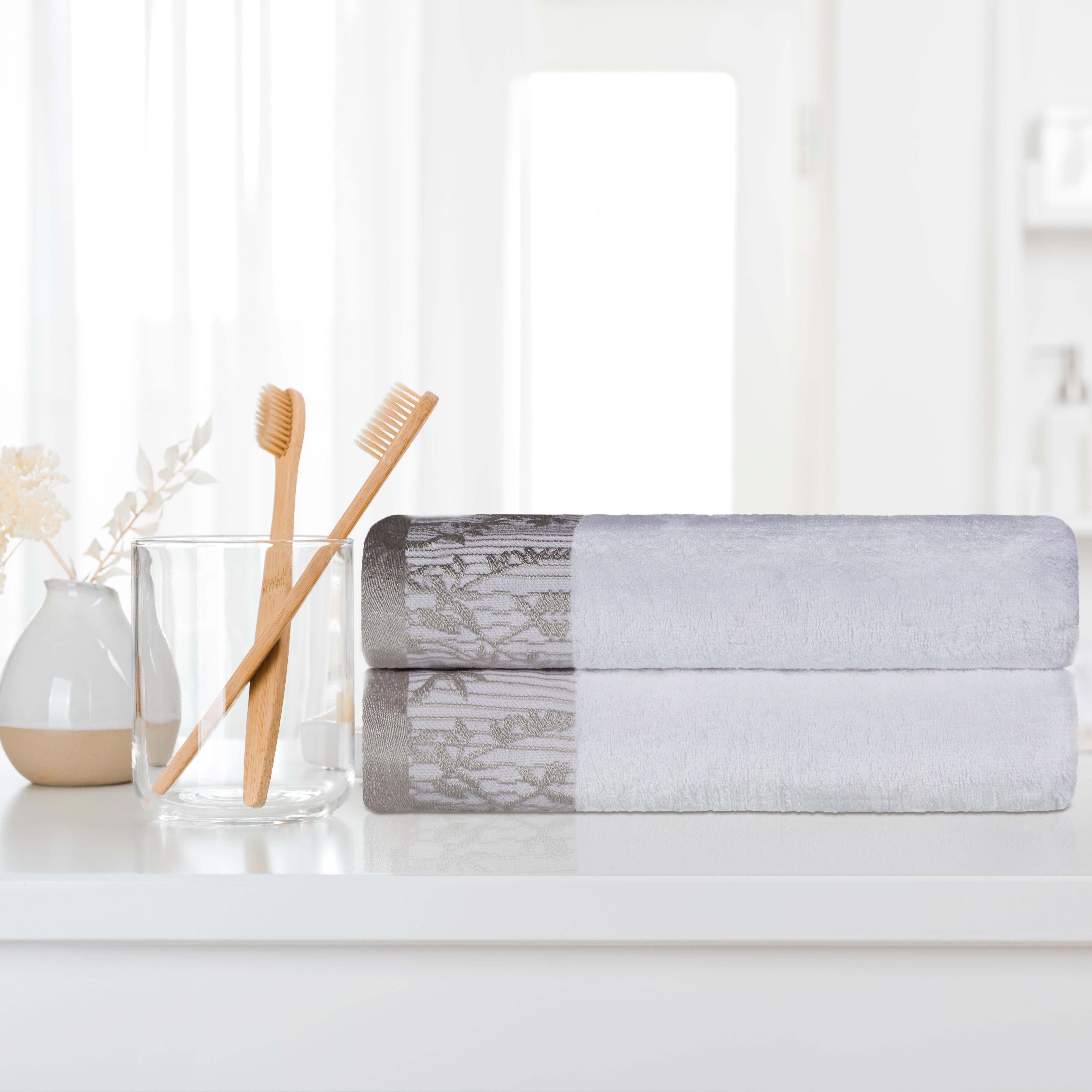 Premium Wisteria Cotton Floral Embroidered Jacquard Bath Towel Set of 2 - Soft Absorbent Luxury Towels for Spa, Bathroom & Guest Use