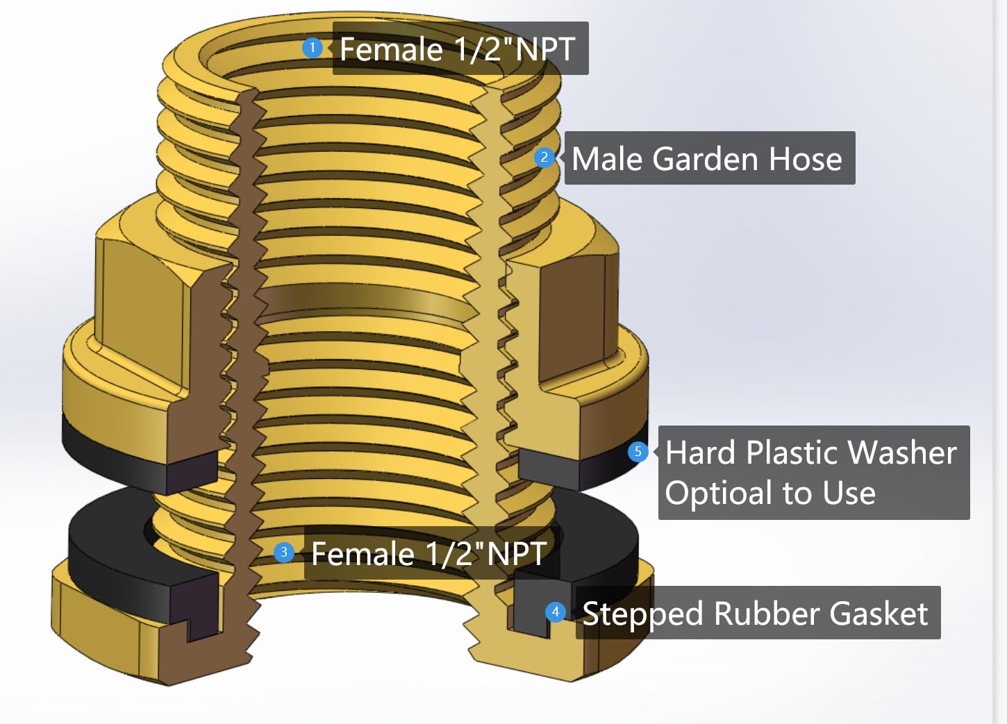 BBF020 LF Compliant Brass Bulkhead Tank Fitting - Double Female 1/2” NPT & Male 3/4