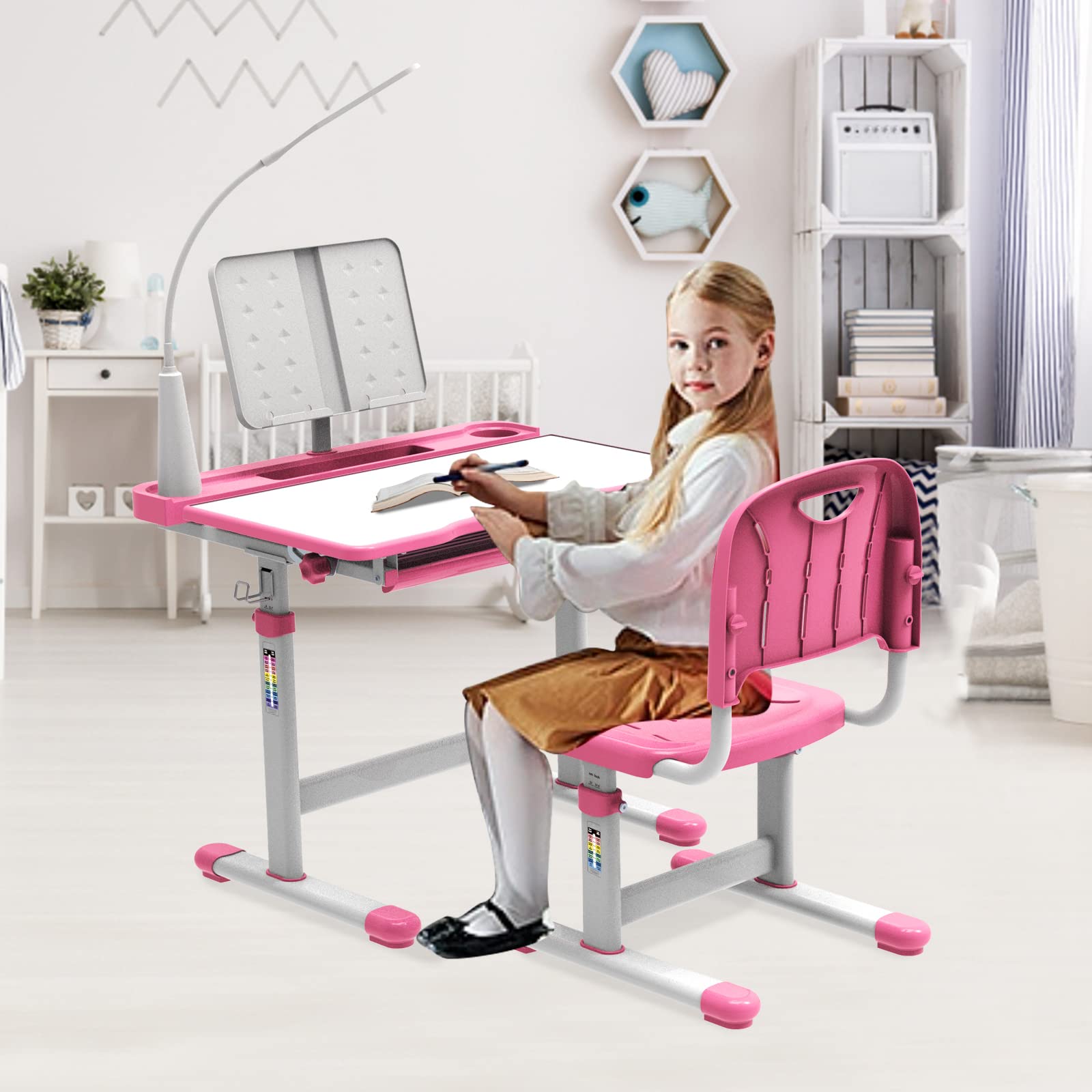 BELANITAS Kids Study Desk and Chair Set - Adjustable 40° Tilt Desktop with LED Light, Ergonomic Children's Writing Table for Ages 5-8 (Pink) - Perfect for Homeschooling, Online Learning & Birthday Gifts