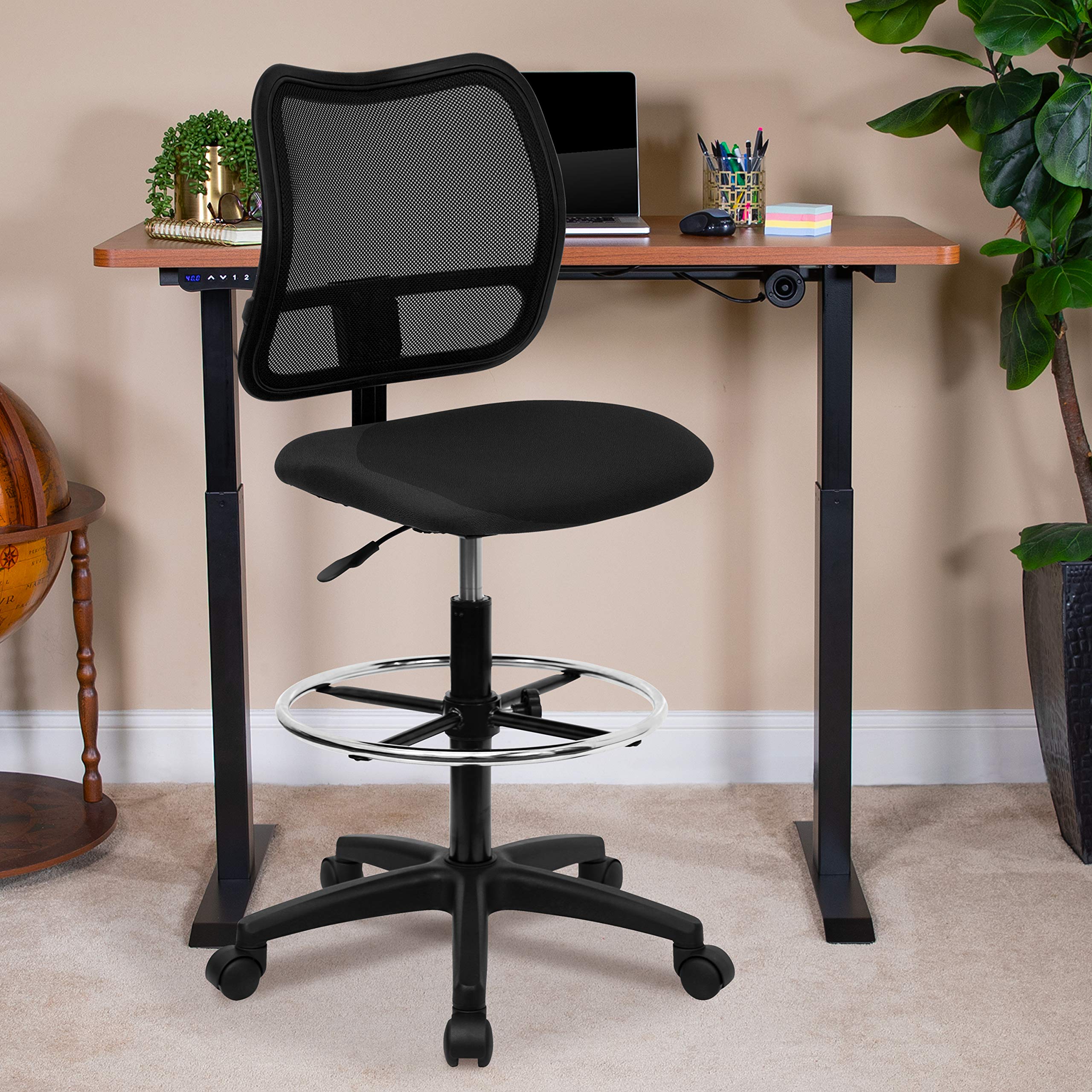 Flash Furniture Elaine Mid-Back Black Mesh Drafting Chair - Adjustable Office Chair with Lumbar Support for Architects, Designers & Home Office Use