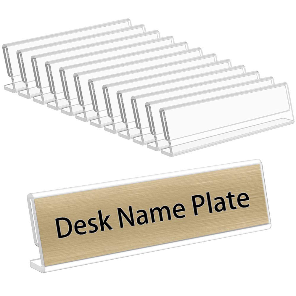NIUBEE 12 Pack Acrylic 2x8 Name Plates for Office Desks - Horizontal Slant Back Sign Holders for Table Display - Plastic Name Tag Holders for Classroom, Teacher, Kids, Men & Women - Perfect for Meetings, Events & Office Organization (Blank)