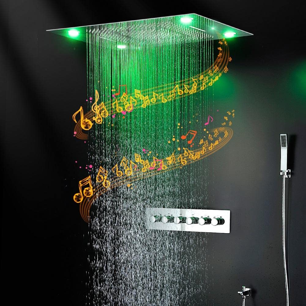 Cascada Luxurious 23”x31” Recessed LED Shower System with Bluetooth Speakers, 4 Functions (Waterfall, Rainfall, Rain Curtain, SPA Mist), Remote Control LED Lights in Polished Gold – Perfect for Modern Bathrooms and Spa-Like Retreats