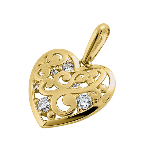 14K Solid Yellow Gold Filigree Heart Pendant with Cubic Zirconia - Elegant Jewelry Gift for Women, Perfect for Valentine's Day, Anniversary & Special Occasions