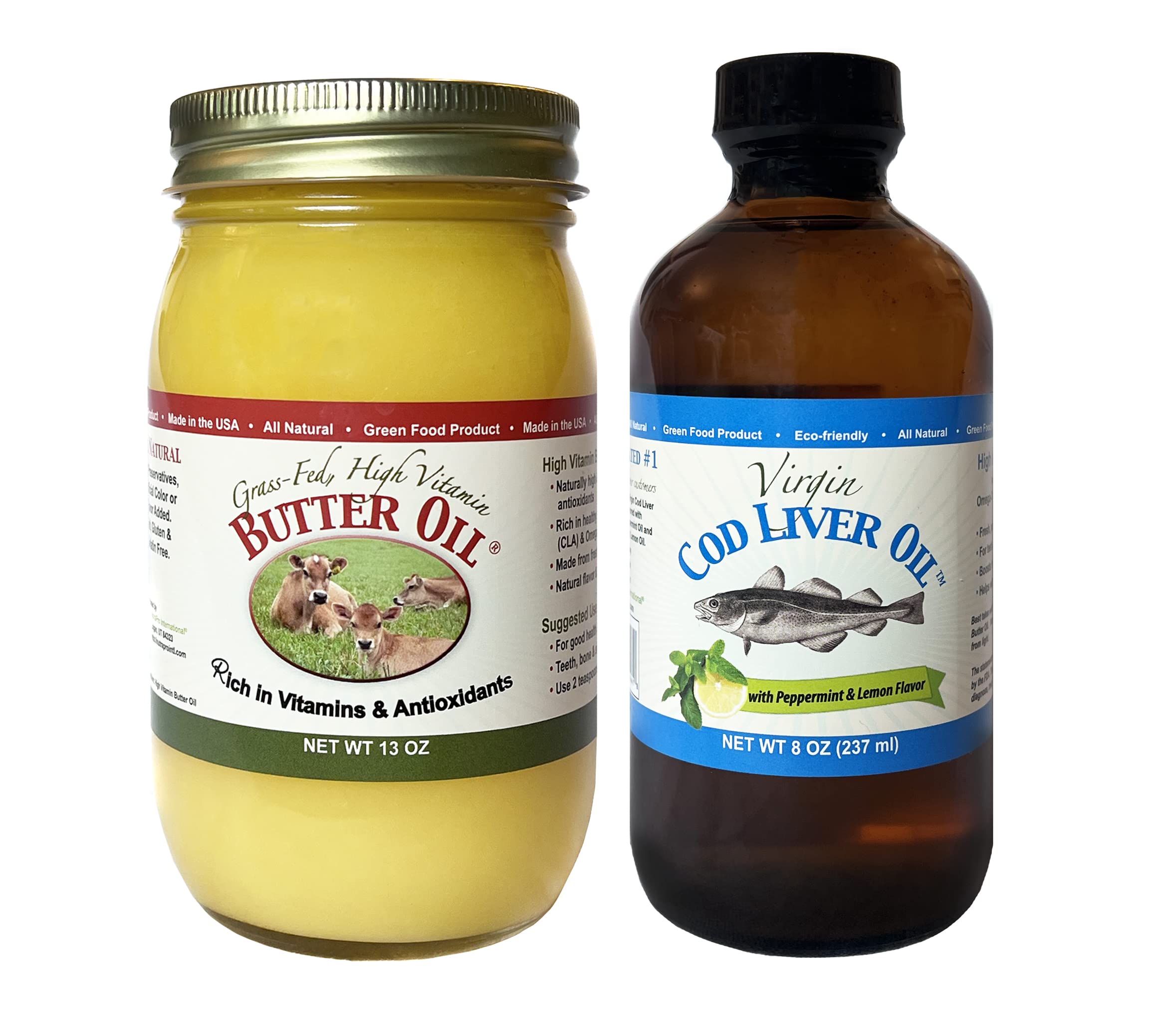 High Vitamin Butter Oil (13 Oz) & Virgin Cod Liver Oil (8 Oz) - Rich in Vitamin D & Omega 3 DHA/EPA - Mild Lemon & Peppermint Flavor - Supports Immune System & Brain Health - Perfect for Daily Supplement & Wellness Routine