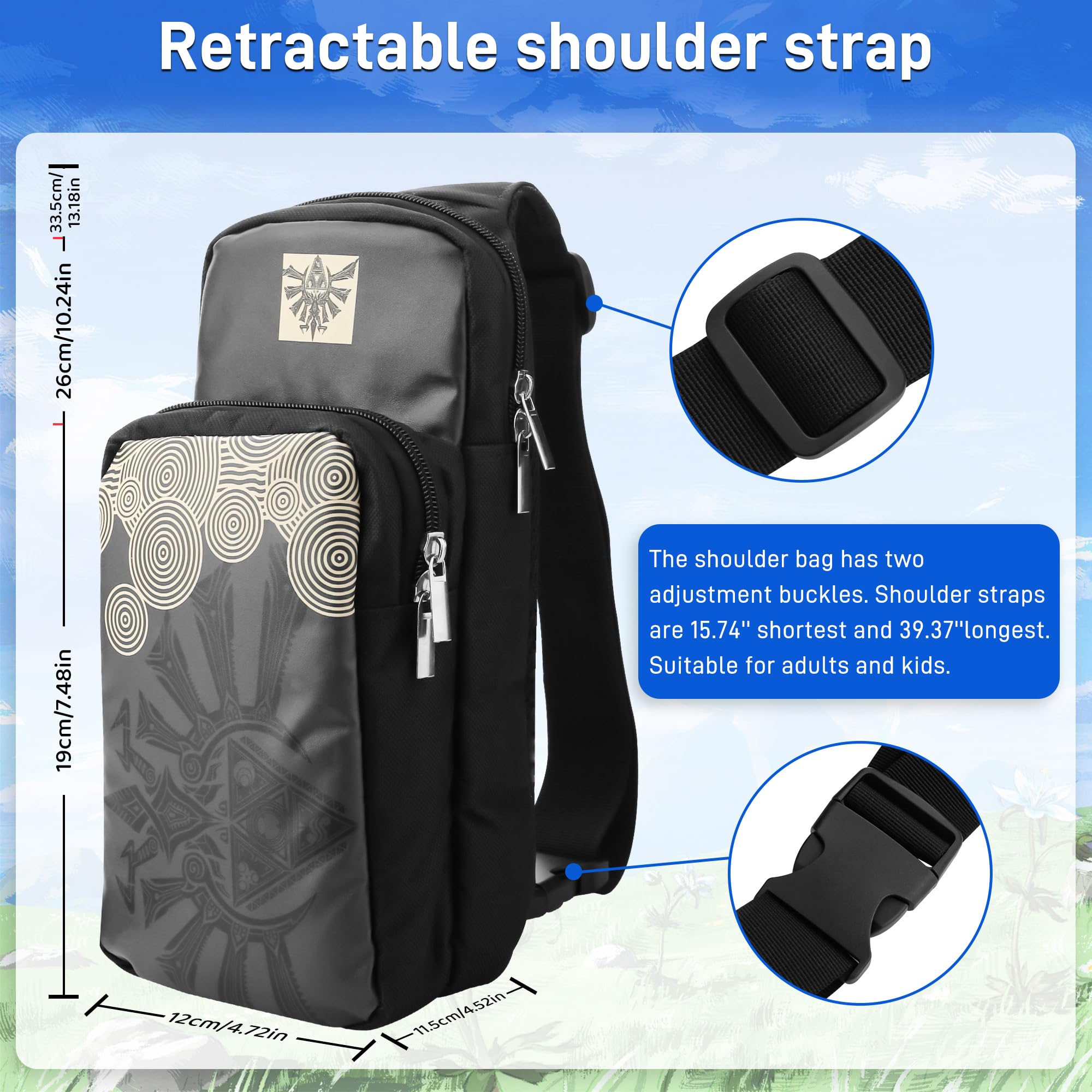Premium GLDRAM Zelda Travel Carrying Bag for Nintendo Switch/Lite/OLED - Portable Crossbody Sling Backpack with 12 Game Card Slots, Retractable Shoulder Strap & 2 Thumb Caps - Perfect for Tears of the Kingdom Gaming & Travel Accessories (Ideal for Commuting, Gaming Events & Outdoor Adventures)