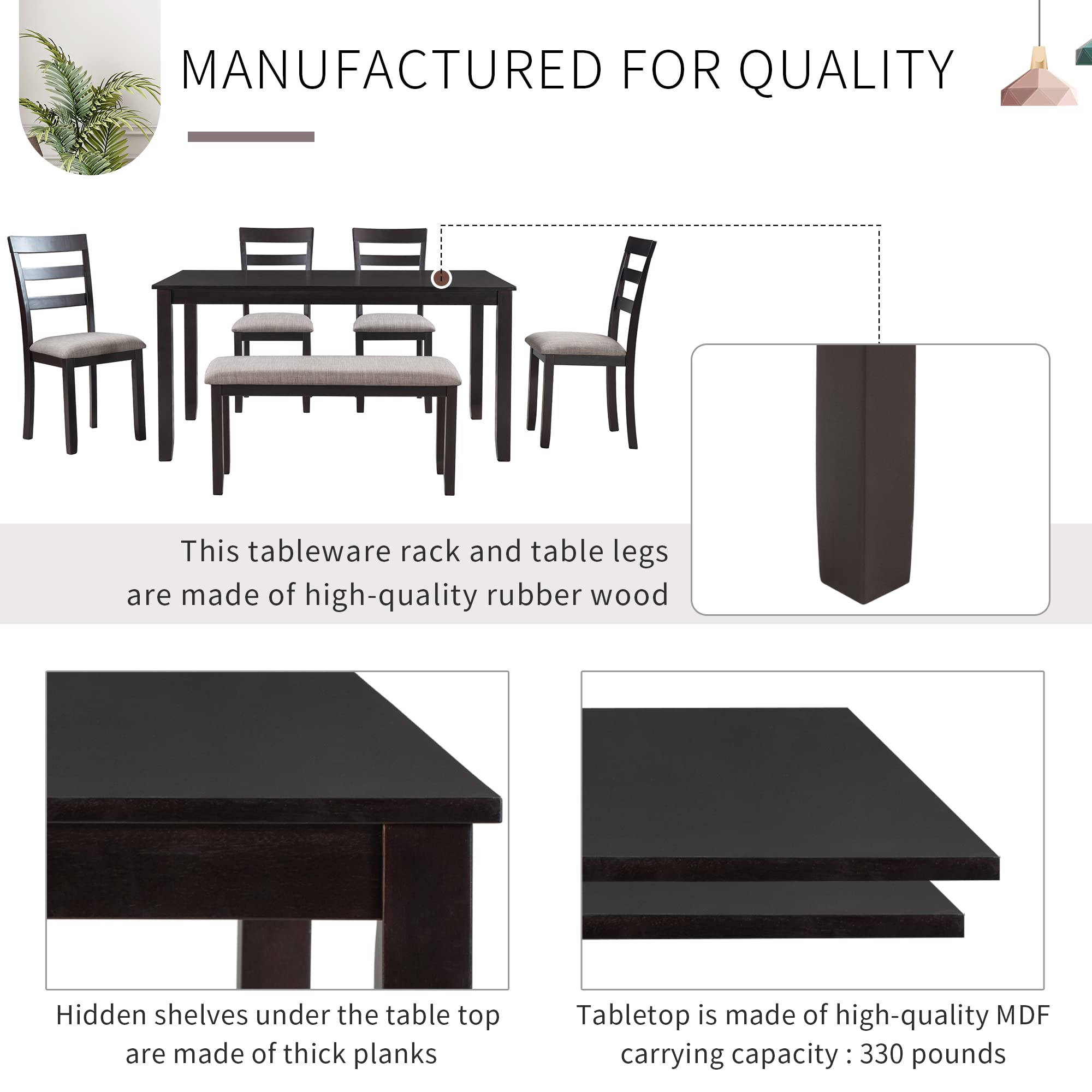 Quarte 6-Piece Wooden Dining Table Set with Fabric Cushion - Kitchen Table, Chairs & Bench - Rustic Home Furniture for Dining Room, Bistro, Breakfast Nook & Small Space Living