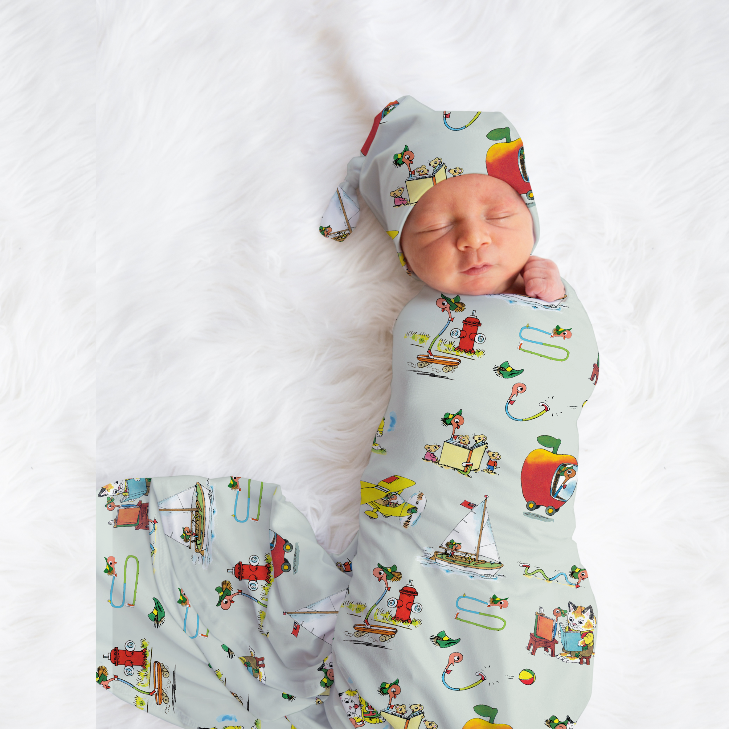 Richard Scarry's Busyworld™ Lowly Worm Swaddle & Hat Set - Adorable Baby Gift for Newborns, Infants & Showers | Soft Cotton Swaddle Blanket & Matching Hat | Perfect for Nursery, Photo Shoots & Special Occasions