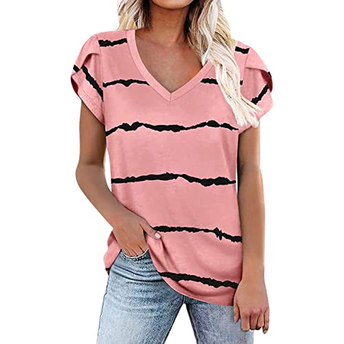 Summer Women's Short Sleeve V-Neck Floral Printed Blouse - Casual Loose Comfortable T-Shirt Top (Pink, XXL) | Perfect for Beach Outings, Picnics & Summer Vacations