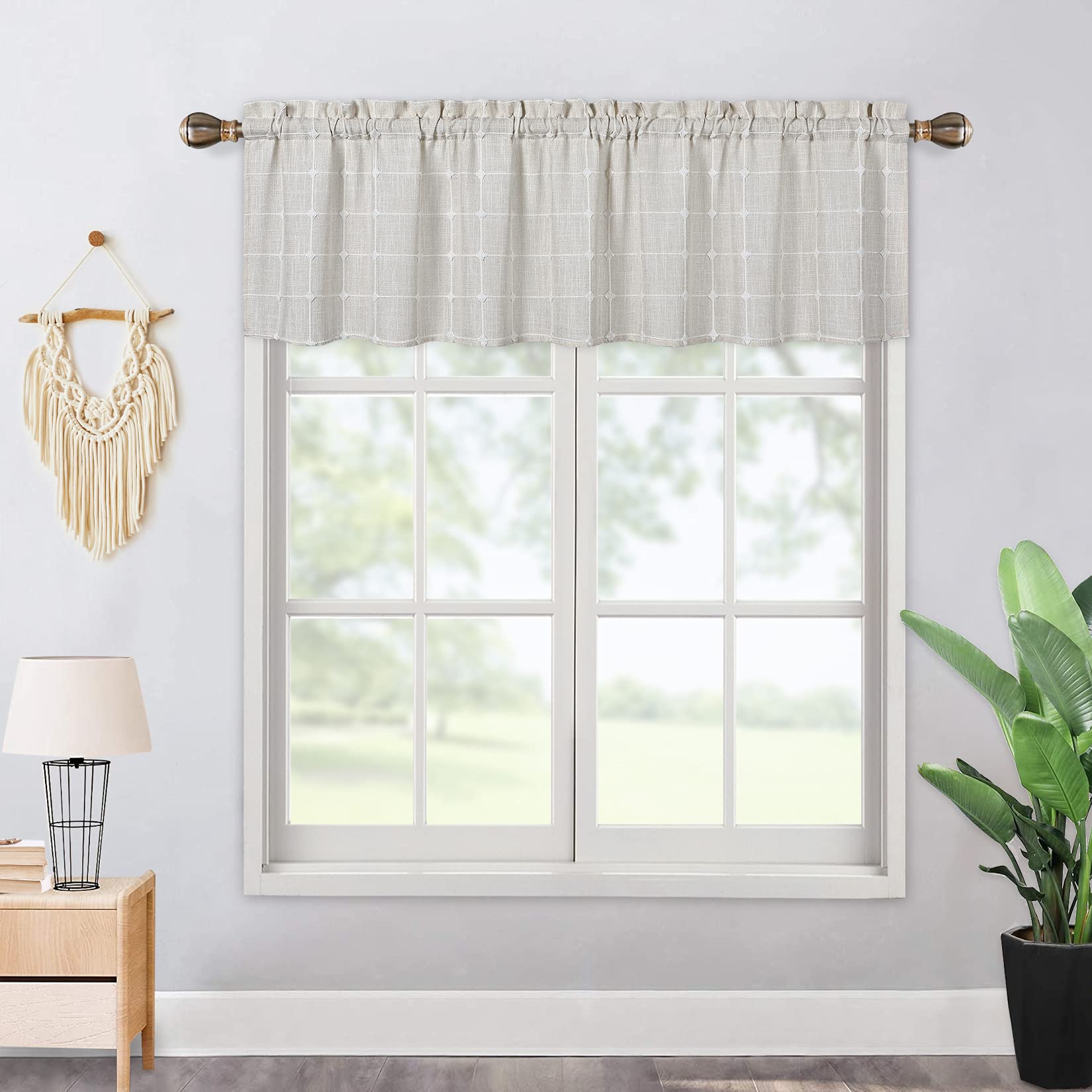 CAROMIO Farmhouse Window Valances - Boho Gingham Linen Curtains for Kitchen, Bedroom & Living Room (52x15 Inches, Beige) - Perfect for Rustic Home Decor & Cozy Interior Design