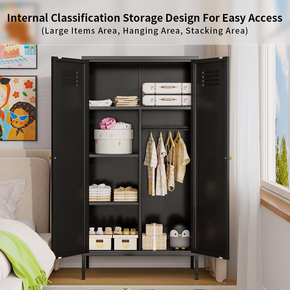 2-Door Steel Wardrobe Closet with Magnetic Closure, Hanging Rod & Laminate Shelves - Tall Metal Storage Cabinet with Legs for Bedroom & Home Organization (Black) | Perfect for Small Spaces, Apartments & Closet Storage Solutions