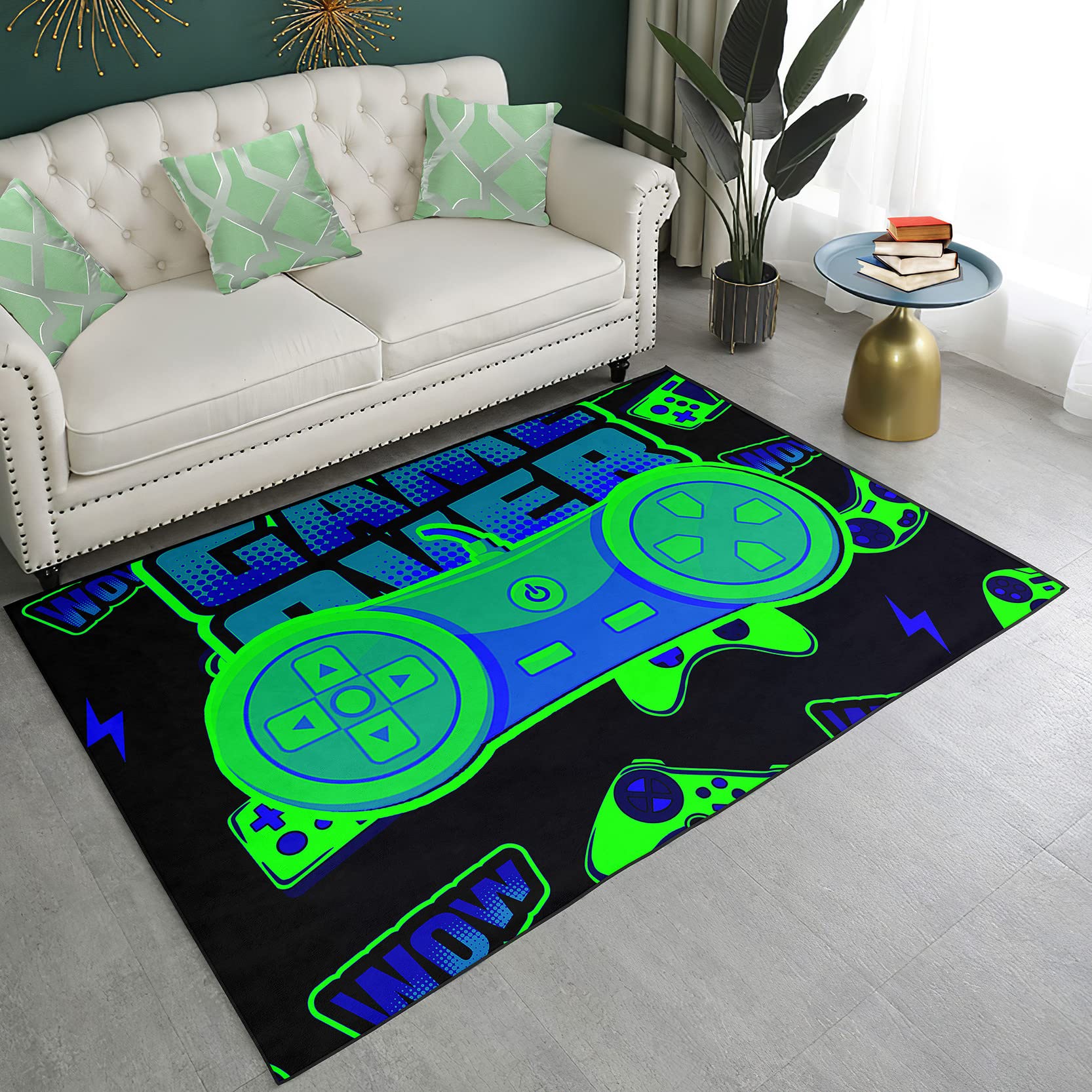 Boys Game Carpet - 47'' x 39'' Non-Slip Floor Mat for Bedroom & Game Room - Black & Green Gamer Rug with Controller Design - Perfect for Playroom, Kids Room Decor & Video Game Enthusiasts