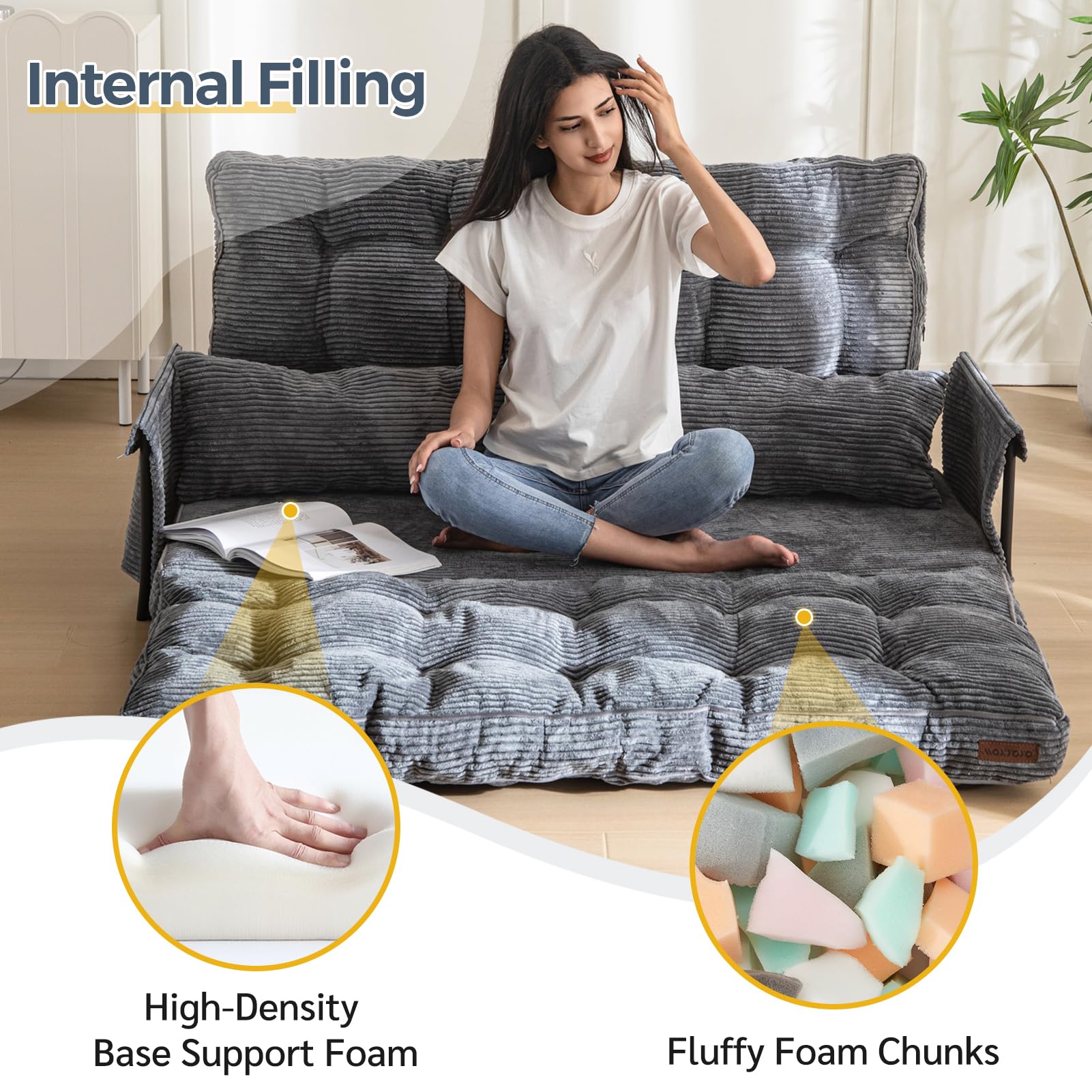MAXYOYO Adjustable Floor Sofa Bed with 2 Pillows - Multi Functional Bean Bag Sleeper Bed with Armrest for Reading, Gaming & Lounging - Dark Grey - Perfect for Small Spaces, Dorm Rooms & Home Theater Seating