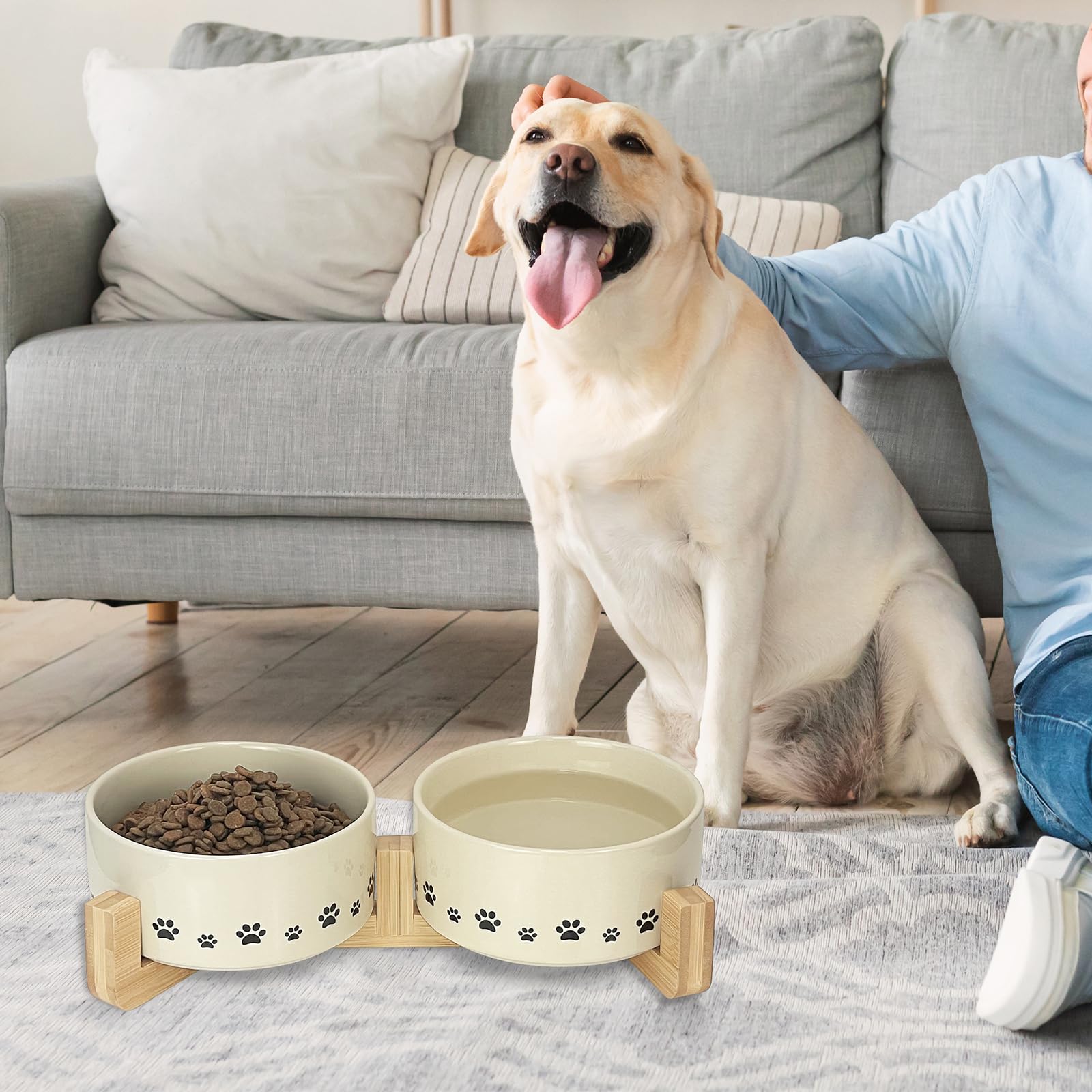 Ceramic Raised Dog and Cat Bowls Set with Anti-Slip Wooden Stand - Weighted Pet Food & Water Dishes for Small, Medium & Large Pets - 14oz Beige - Perfect for Home, Kitchen, and Outdoor Feeding Stations