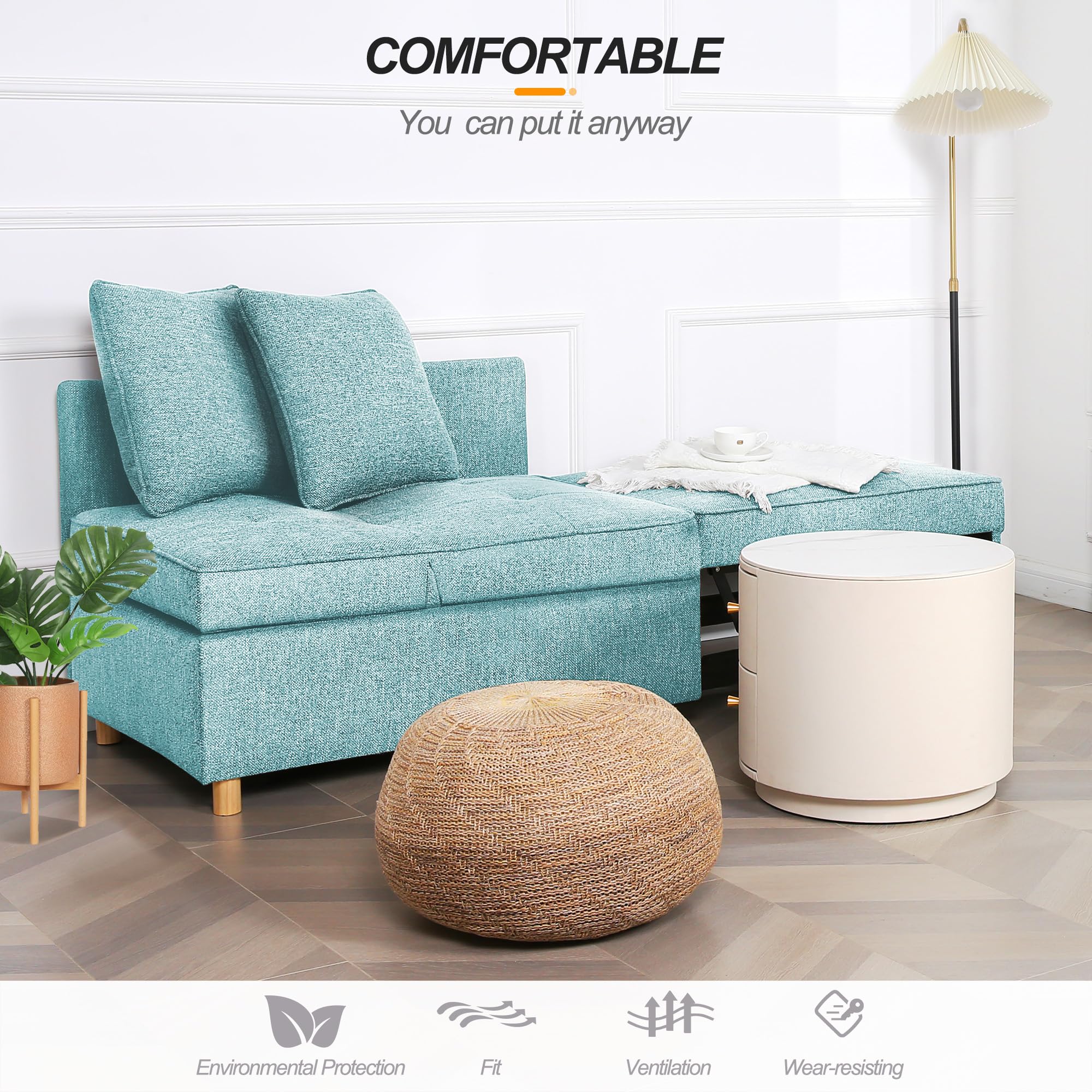 SEJOV 4-in-1 Convertible Sleeper Sofa Bed with Ottoman - Modern Blue Futon Couch with Adjustable Backrest, Armrests & 2 Pillows - Foldable Loveseat for Small Spaces, Apartments, Dorm Rooms & Home Offices - Perfect for Guest Sleeping, Lounging & Space Saving