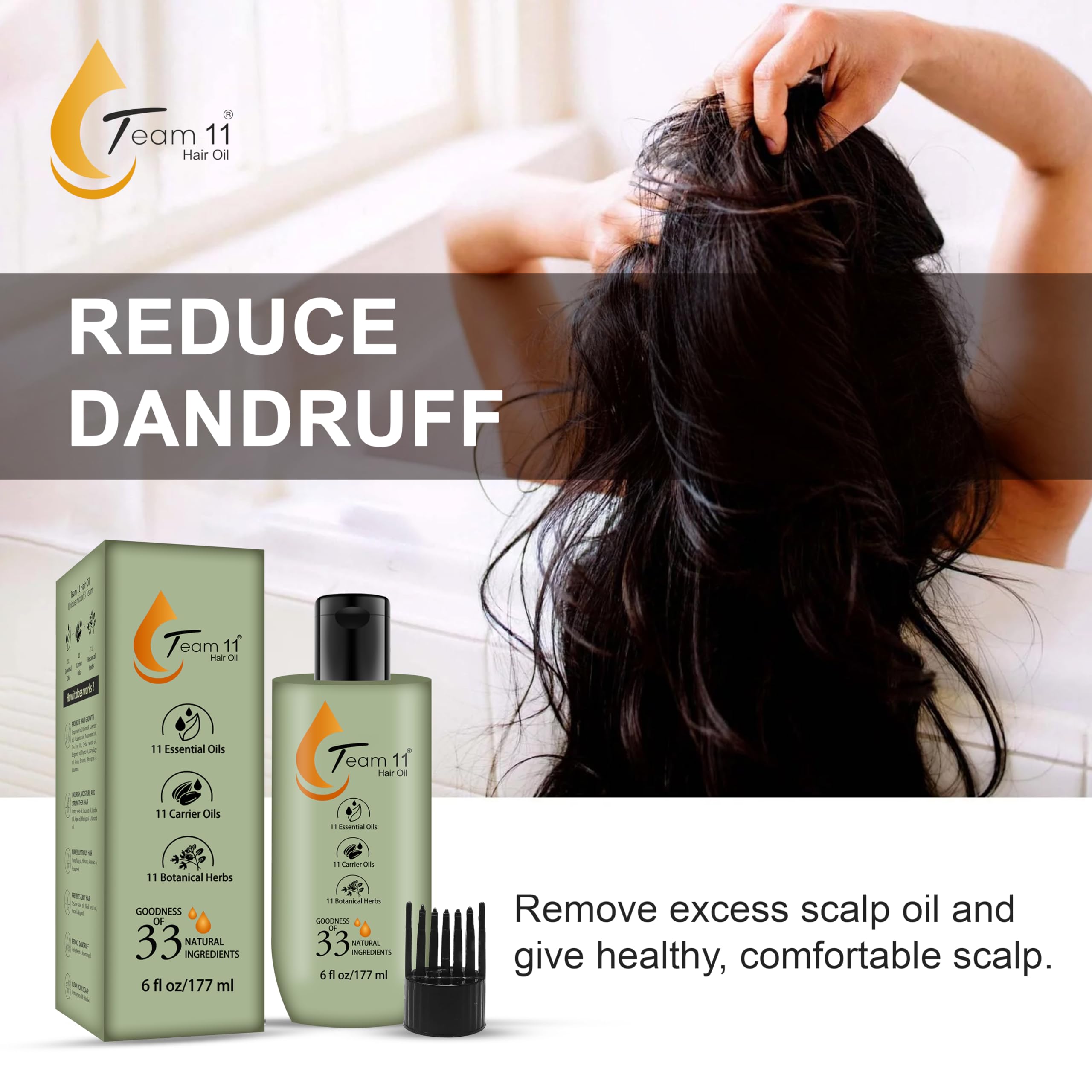 Team 11 Hair Growth Oil - Natural Blend with Argan, Jojoba, Rosemary & Castor Oils | Herbal Infusion with Amla, Brahmi & Bhringraj | 6oz for Stronger, Healthier Hair | Perfect for Daily Scalp Massage & Split End Treatment