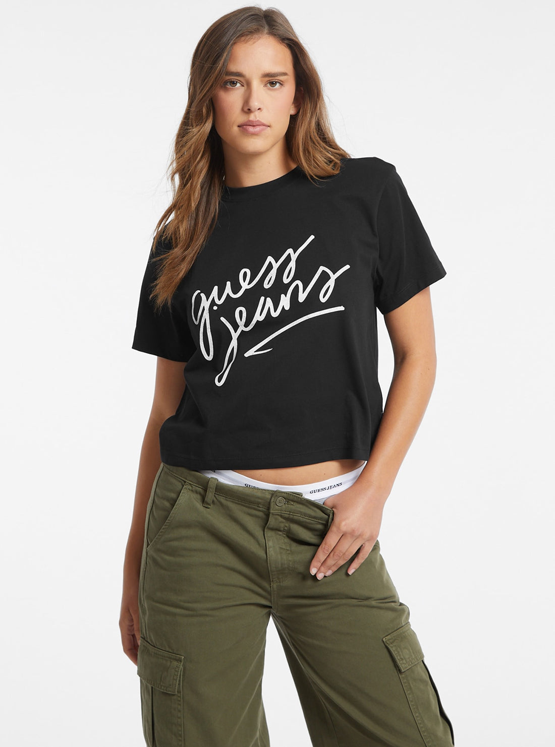 Guess Women's Black Boxy Logo T-Shirt | Casual Cotton Tee for Everyday Wear | Perfect for Street Style & Weekend Outfits