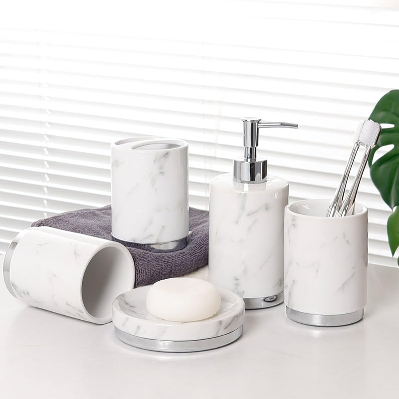 Marble Patterned Ceramic Bathroom Set - 5 Toothbrushes & 2 Mouthwash Cups | Modern Bathroom Decor for Home, Hotel & Spa | Perfect for Family & Guest Use