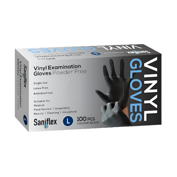 Saniflex Powder-Free Black Vinyl Gloves - Disposable, Latex-Free, Durable for Cleaning, Food Handling & Medical Use
