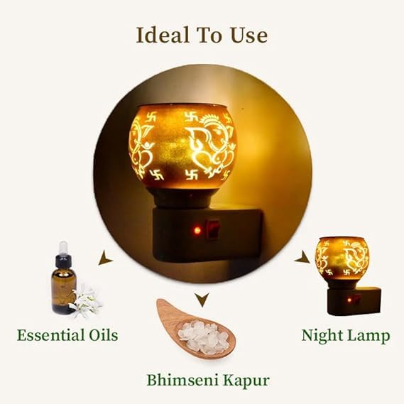 Kriviya Electric Camphor Diffuser with Ganesh & Swastik Design - Multifunctional Aroma Burner, Incense Holder & Night Light for Home, Office, Temple & Meditation Room (Model C-03) | Perfect for Puja, Relaxation & Aromatherapy