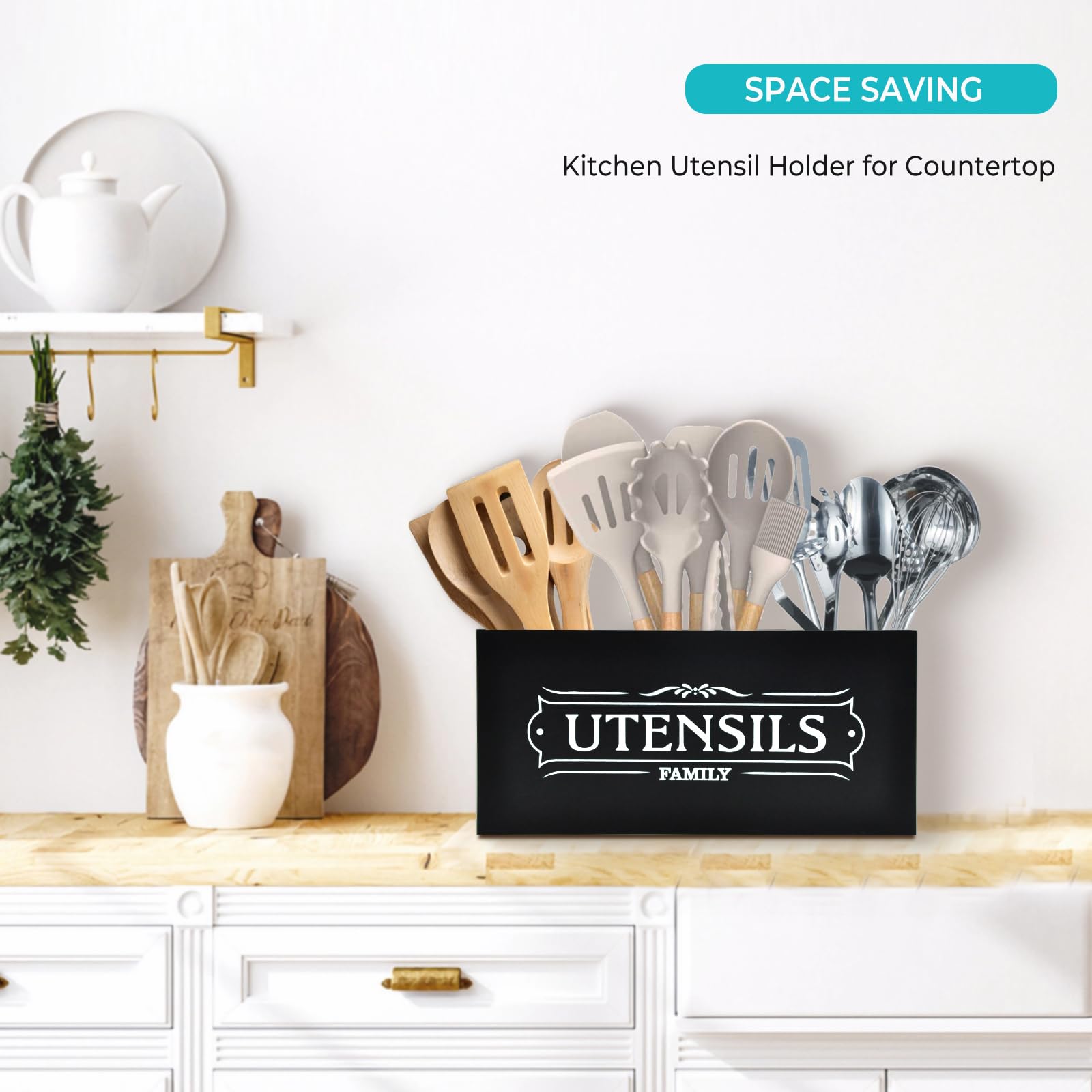 Wooden Countertop Utensil Holder - Large Farmhouse Kitchen Organizer for Cooking & Party Utensils | Durable Black Counter Decor for Spoons, Spatulas & Kitchen Tools