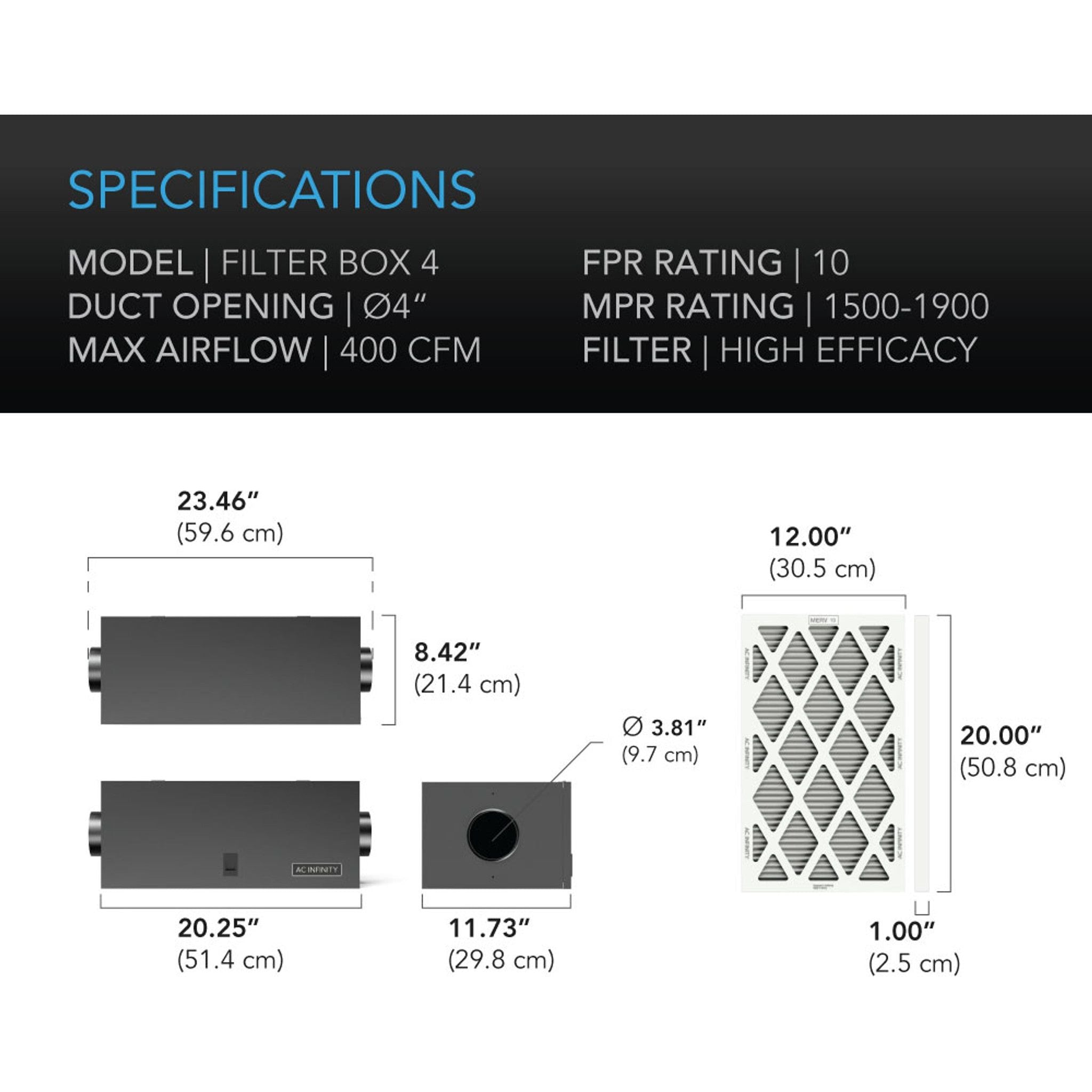 AC Infinity 4 High Efficiency Air Filter Box - Premium HEPA Filtration for Home, Office & Grow Rooms | Reduces Dust, Allergens & Odors