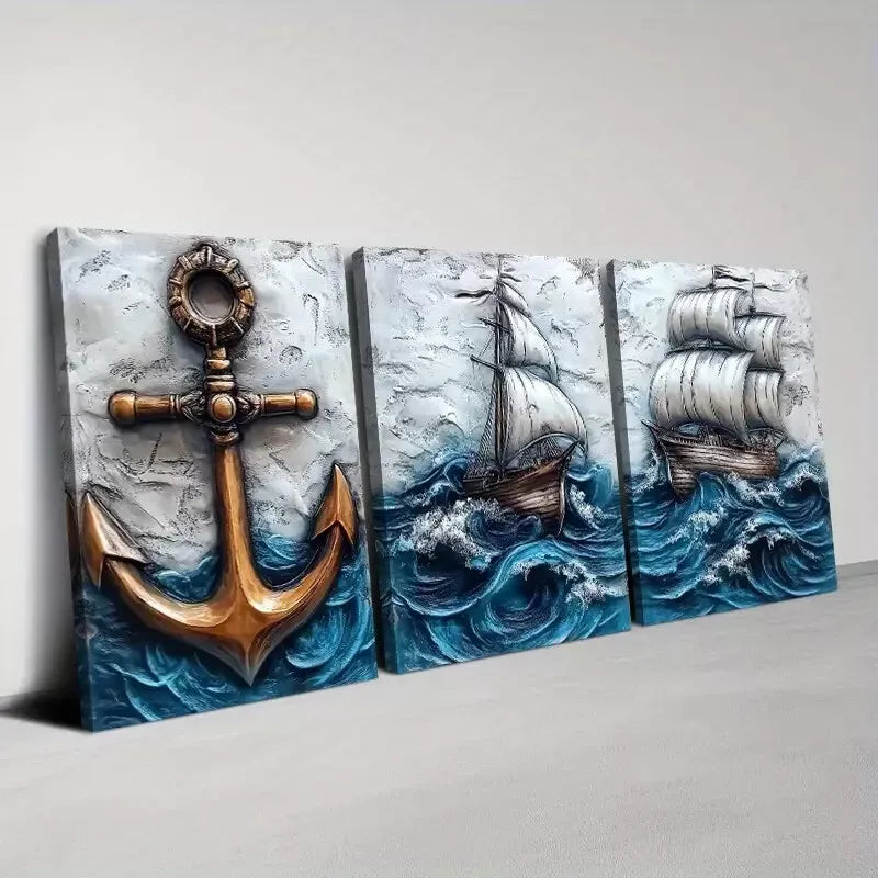 Vintage Abstract Sailing and Anchor Wall Art Set - 3 Piece Framed Canvas Prints 50x70cm - High Quality Australian Made Wall Decor - Perfect for Living Room, Bedroom or Office Decoration