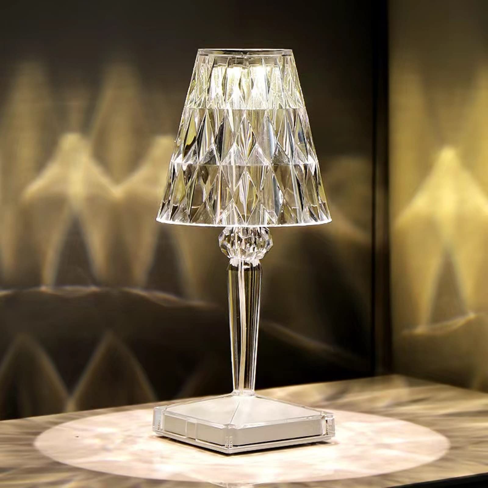 Leroxo Portable Crystal Diamond Table Lamp - 3 Color Touch Control, Rechargeable, Wireless Night Light with 3-Level Brightness - Modern Acrylic Bedside & Desk Lamp for Home, Office, Nursery Decor