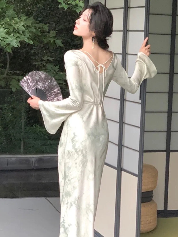 Lovevop 2024 Elegant Long Sleeve Women's Dress - French Print Evening Party Maxi Dress with Lace-up Slash Neck, Slim Fit Fashion for Women | Perfect for Cocktail Parties, Weddings & Formal Events