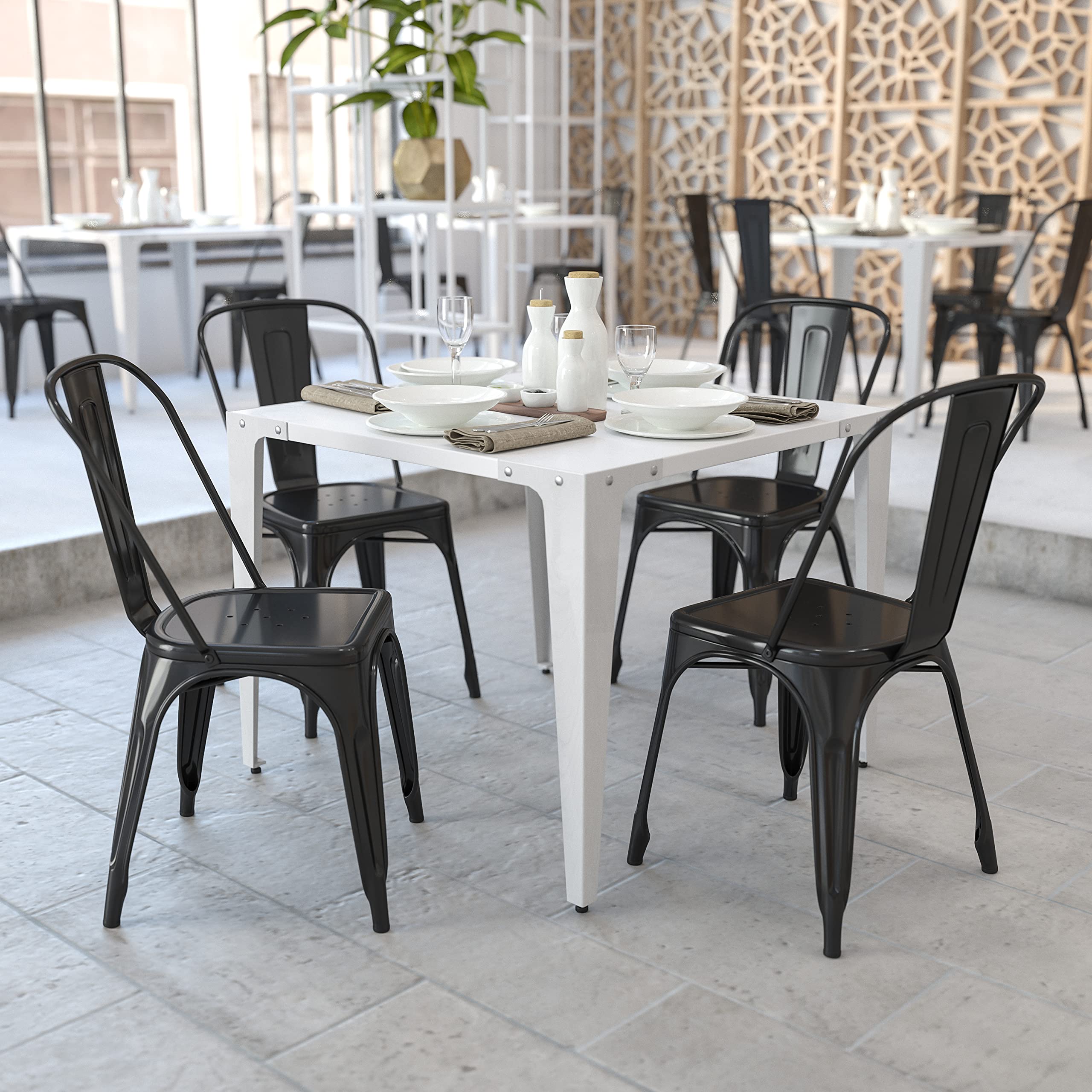 4 Pack Black Metal Stackable Chairs for Indoor & Outdoor Use - Heavy Duty Bistro & Restaurant Chairs for Dining, Patio, Cafe, and Commercial Spaces
