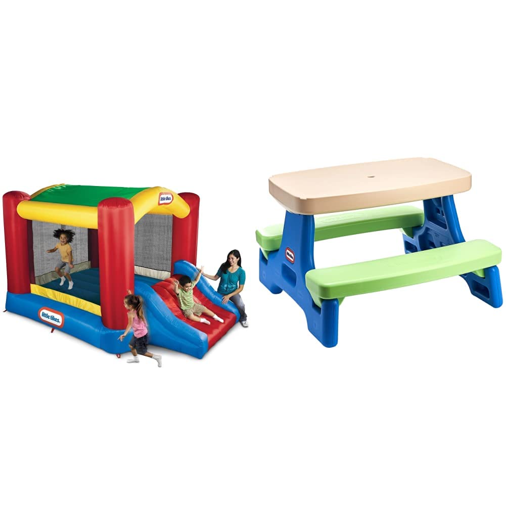Little Tikes Jump 'n Slide Bouncer with Arched Canopy | Heavy Duty Blower & Easy Store Jr. Play Table | Outdoor Kids Bounce House for Backyard, Birthday Parties & Indoor Play | Amazon Exclusive