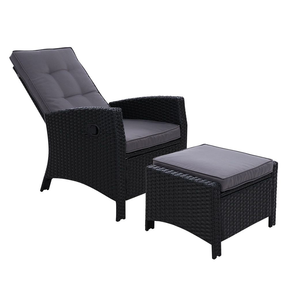 Outdoor Wicker Sun Lounge Recliner Chair with Cushion - Patio Garden Daybed Sofa & Ottoman Set in Black - Perfect for Poolside Relaxation, Backyard Lounging, and Sunbathing