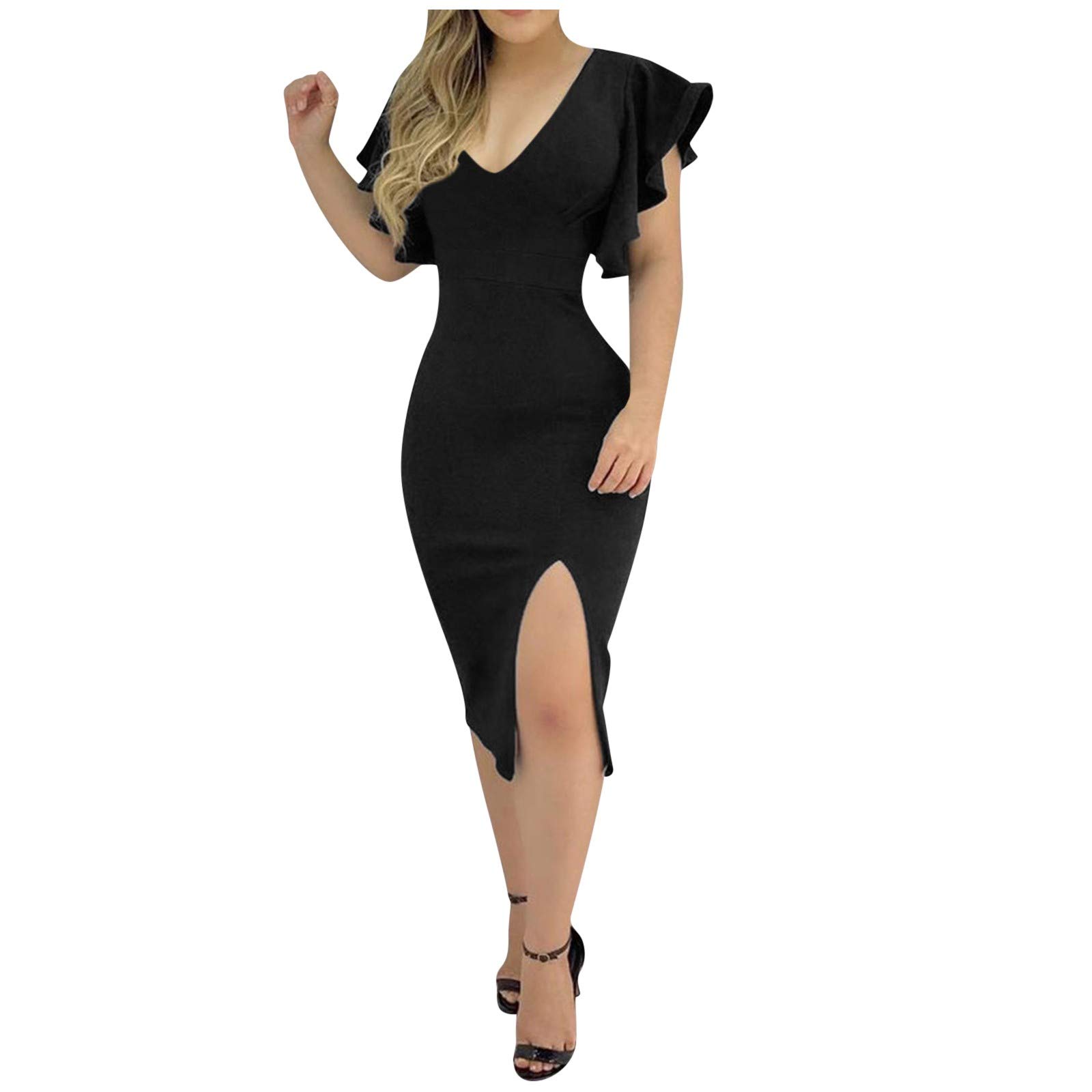 Kaideny Women's Sexy Off Shoulder Ruffle Hem Sequin Midi Dress - Bodycon Nightclub Party Dress for Women, Elegant Evening Gown for Date Night, Prom, Cocktail Party and Special Occasions