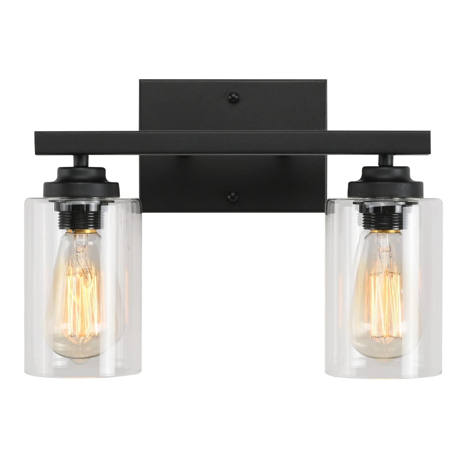 Vintage Industrial Bathroom Vanity Light Fixture - 2-Light Wall Sconce with Clear Glass Shade, Black Farmhouse Lighting for Bathroom Mirror, Bedroom, Hallway & Living Room Decor