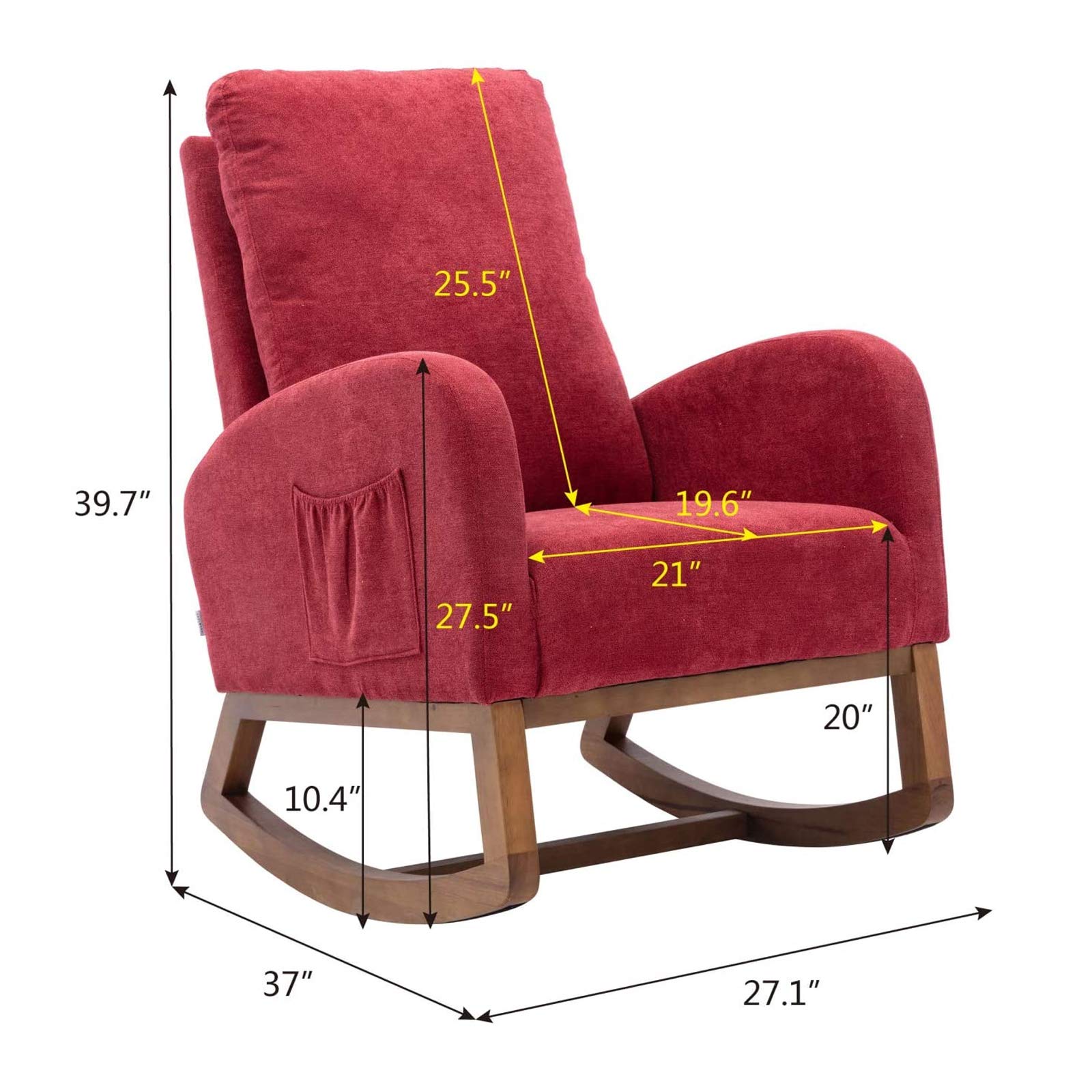 Mid Century Modern Upholstered Rocking Chair with Wooden Padded Seat & 2-Side Pockets - Fabric Accent Armchair for Nursery, Living Room & Indoor Use (Red) | Perfect for Breastfeeding, Reading Nook & Relaxation