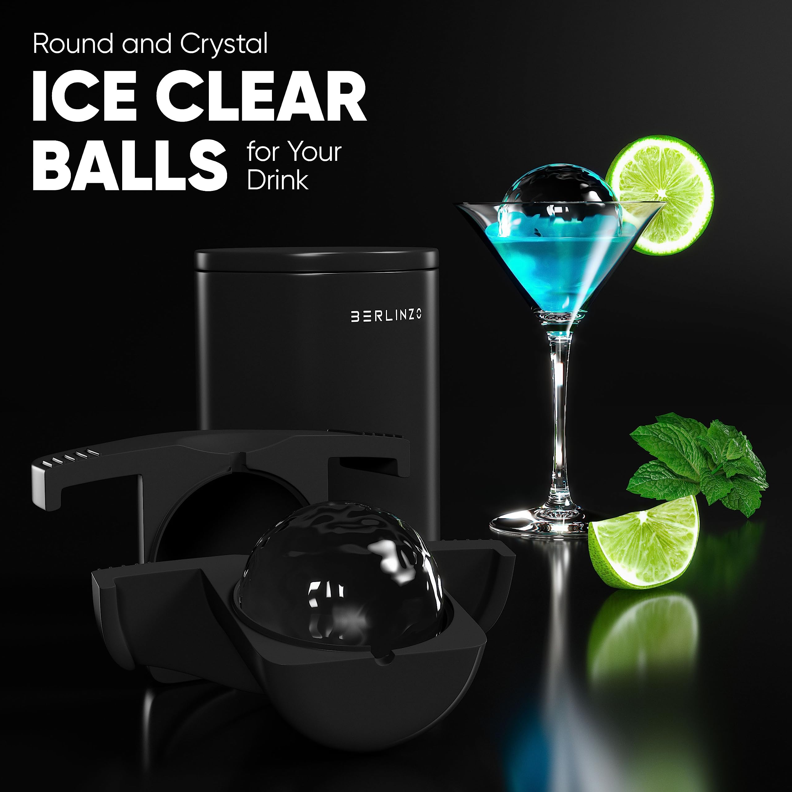 Berlinzo Premium Clear Ice Ball Maker Mold - 2.4 Inch Large Crystal Clear Ice Spheres for Whiskey, Bourbon & Cocktails - Easy Release Ice Sphere Tray - Perfect for Home Bars, Parties & Gifts (Storage Bag Sold Separately)