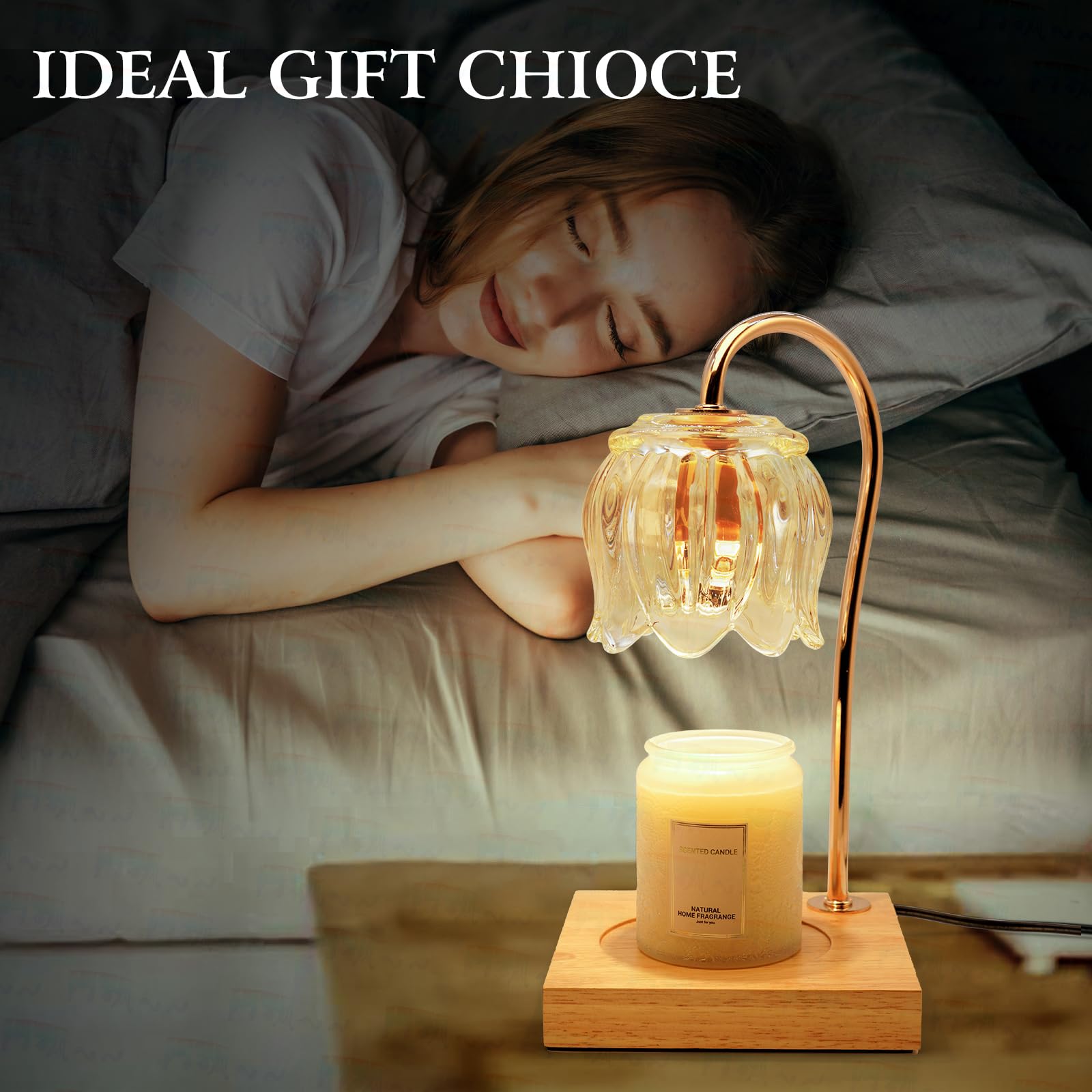 Tulip Candle Warmer Lamp with Timer & Dimmer - Wooden Base & Clear Glass Shade Wax Melter for Home Decor, Romantic Ambiance & Aesthetic Room Lighting - Perfect Gift for Women, Mothers Day, Valentine's Day & Housewarming