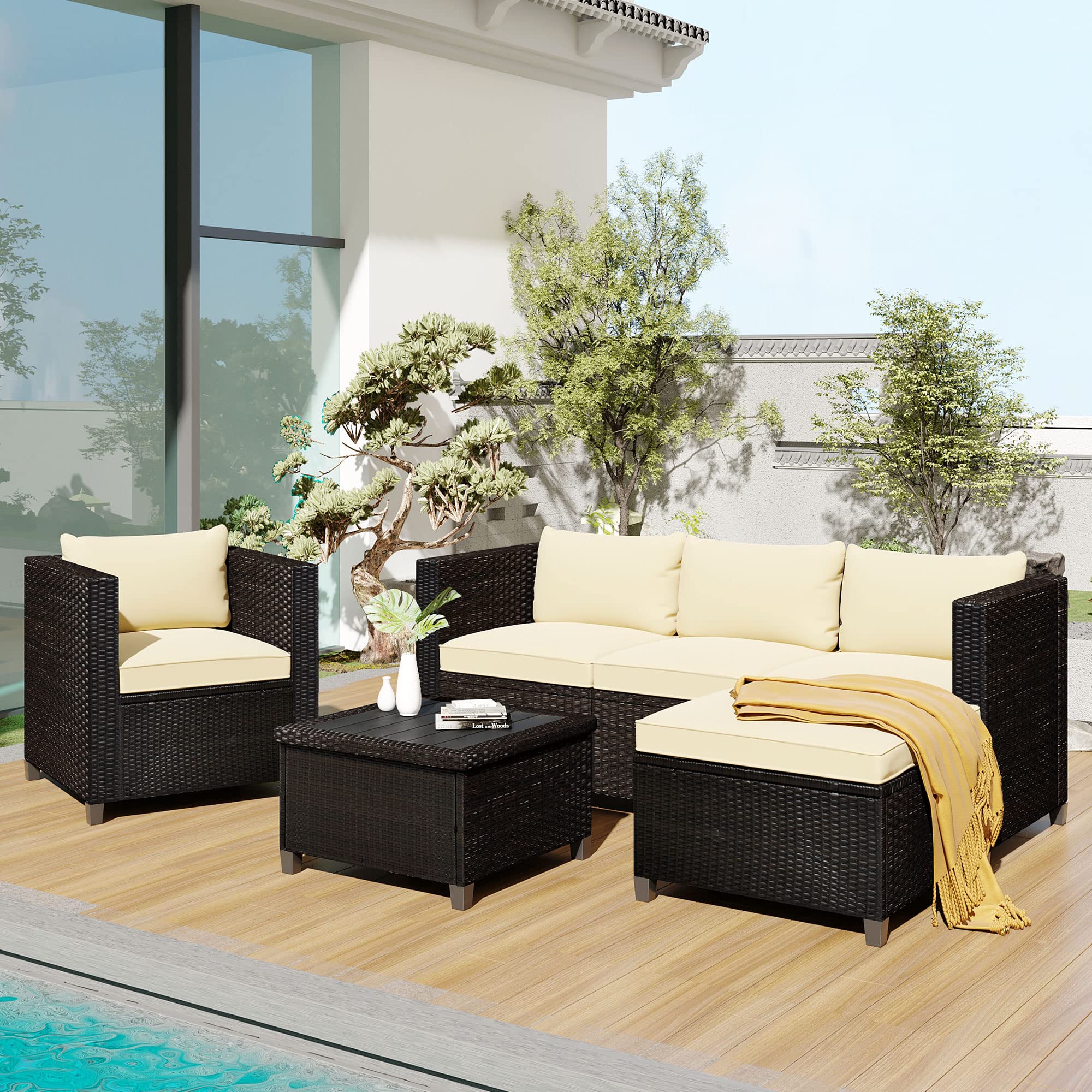 5-Piece Outdoor Patio Furniture Set - Wicker Rattan Sectional Sofa with Cushions & Coffee Table (Beige & Brown) - Perfect for Garden, Backyard, Poolside & Balcony Relaxation