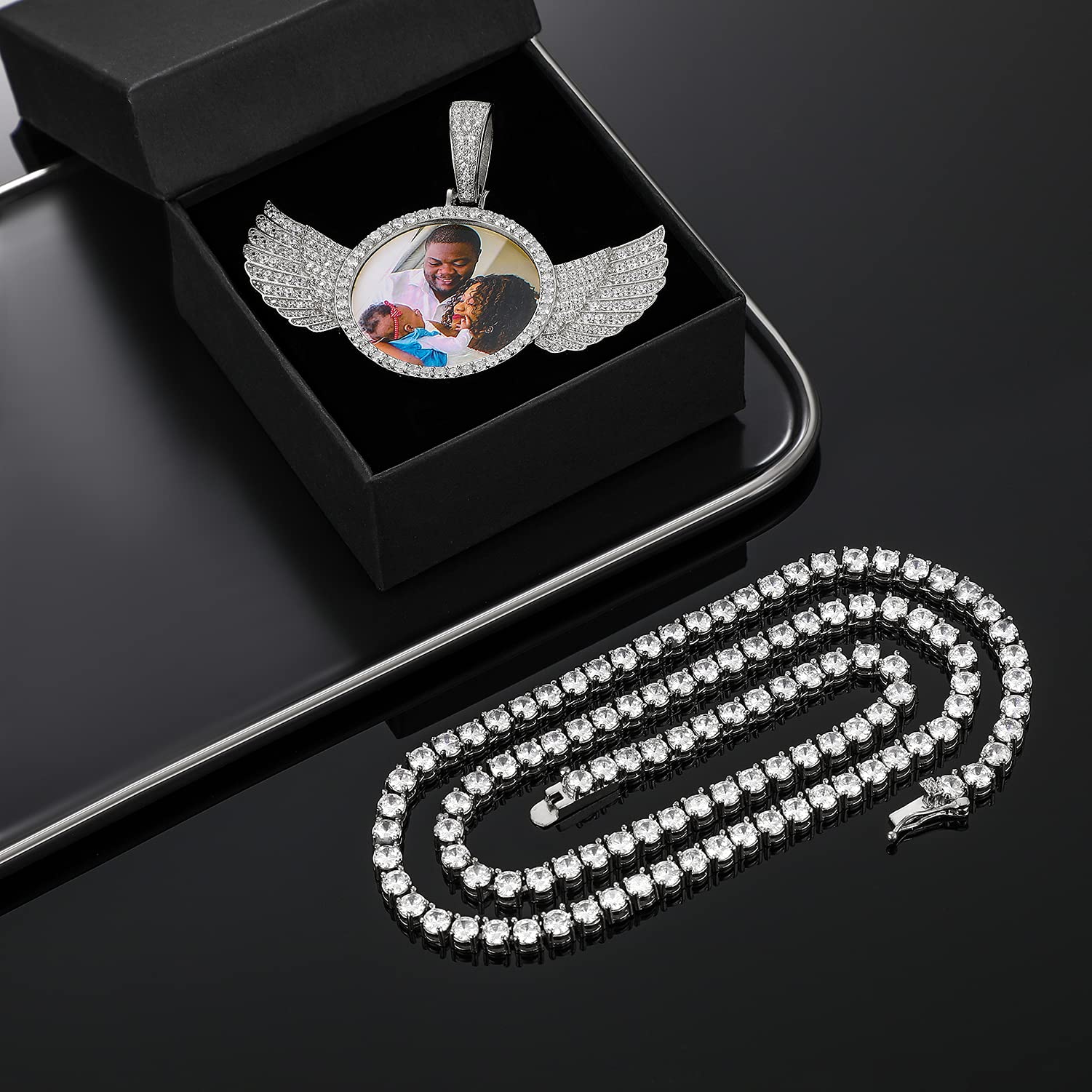 925 Sterling Silver Custom Photo Necklace with Wings - Personalized Memorial Pendant for Women & Men - Engravable Picture Jewelry with Gift Box - Perfect for Anniversaries, Birthdays & Hip Hop Fashion