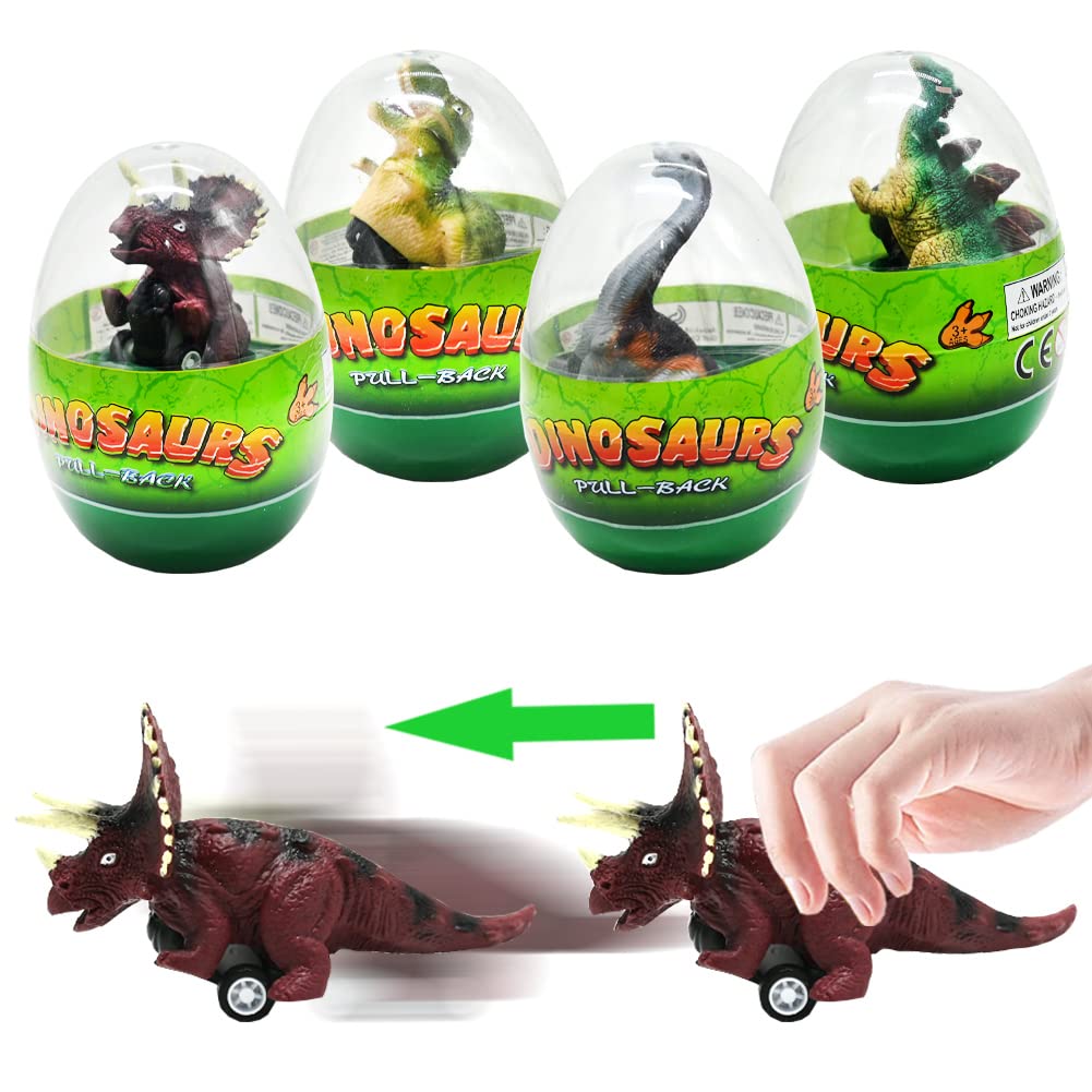 Dinosaur Pull Back Cars Toys - 4 Pcs Jumbo T-Rex & Triceratops Prefilled Easter Eggs for Kids | Basket Stuffers, Party Favors, Birthday Gifts for Boys & Girls | Perfect for Easter Celebrations, Classroom Rewards & Playtime Fun