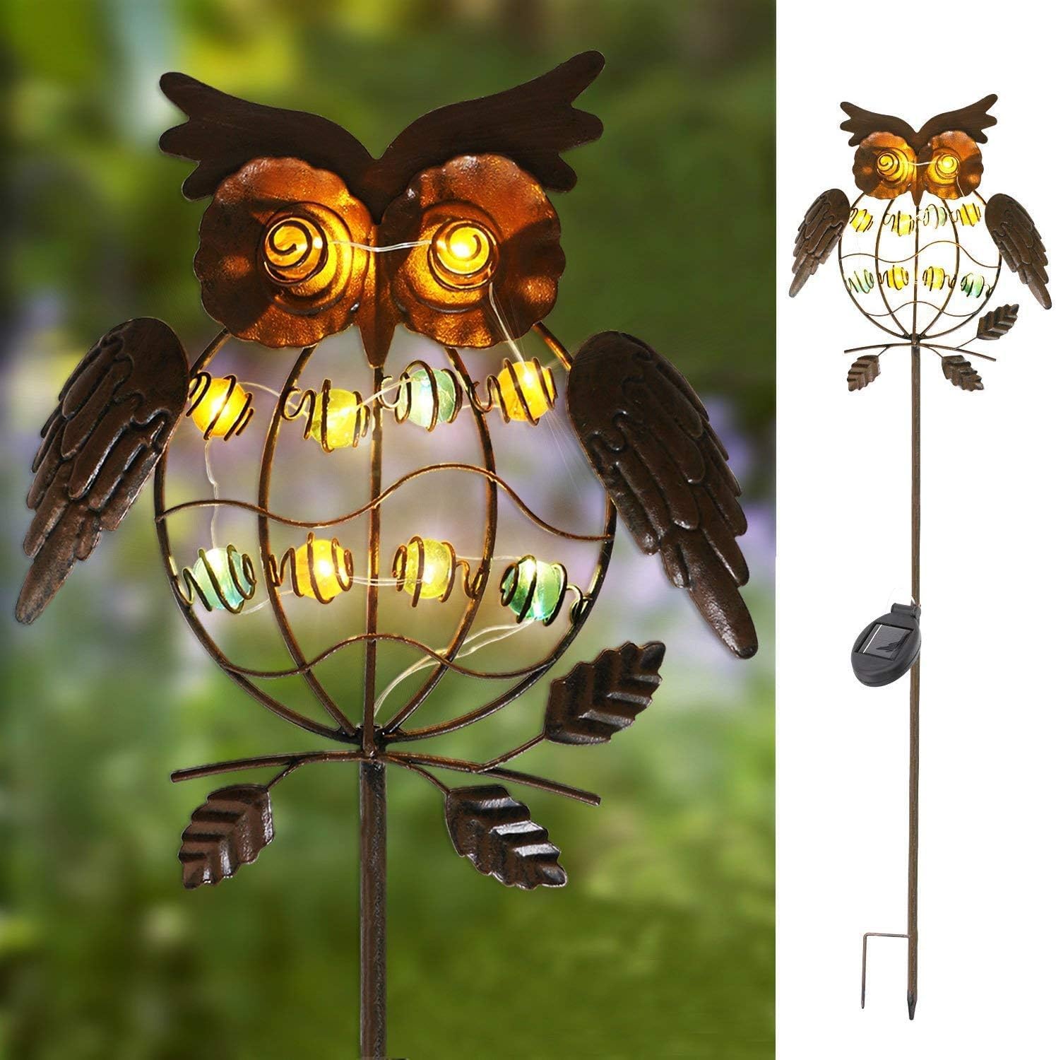 Solar Powered Owl Garden Lights Outdoor - Bronze Metal LED Stake Lights for Walkway, Pathway, Yard, Lawn - Weatherproof Decorative Lighting for Patio, Garden Decor, Landscape Illumination