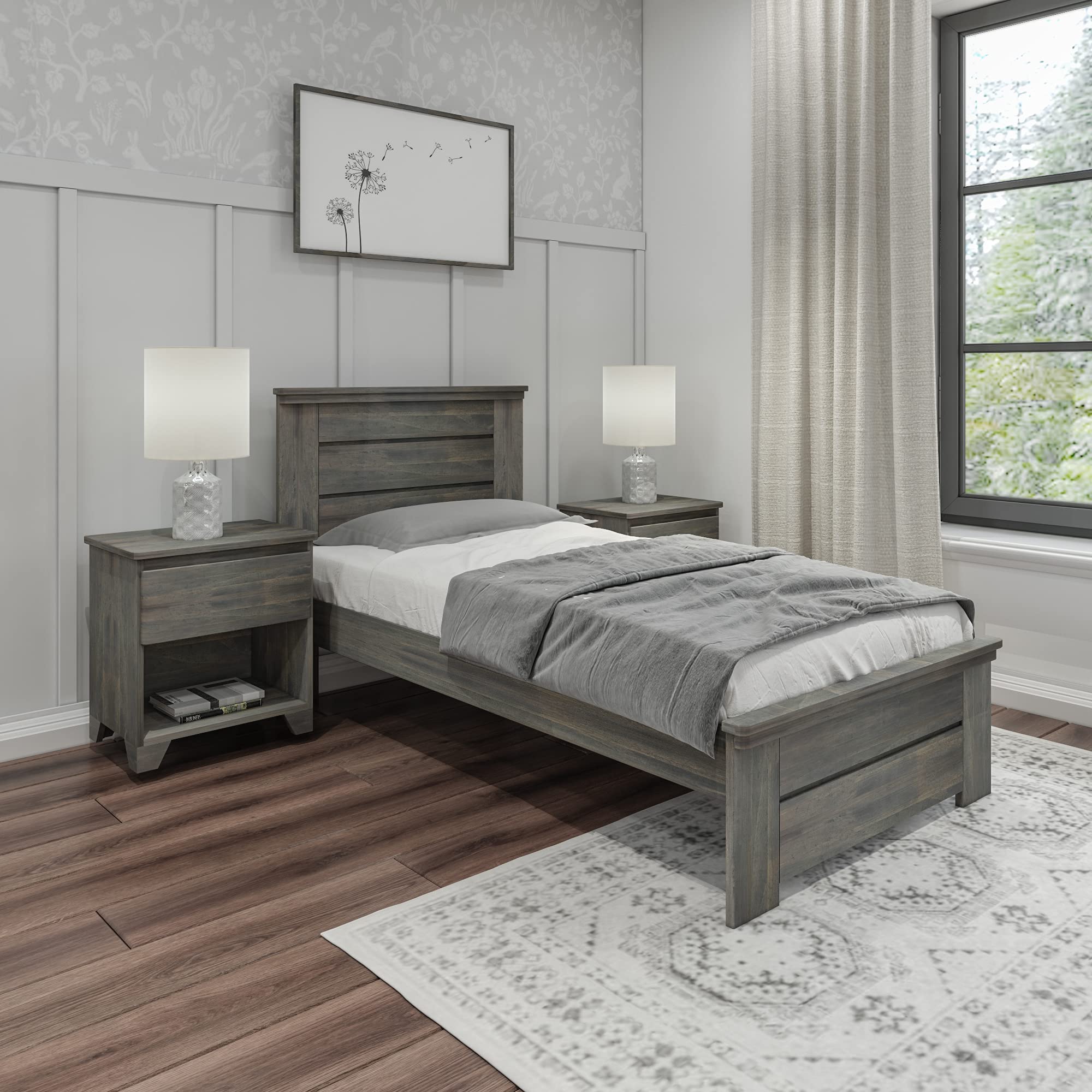 Max & Lily Modern Farmhouse Twin Bed Frame with Headboard - Solid Wood Panel Design in Driftwood Finish - Perfect for Kids' Bedroom, Guest Room & Nursery Decor