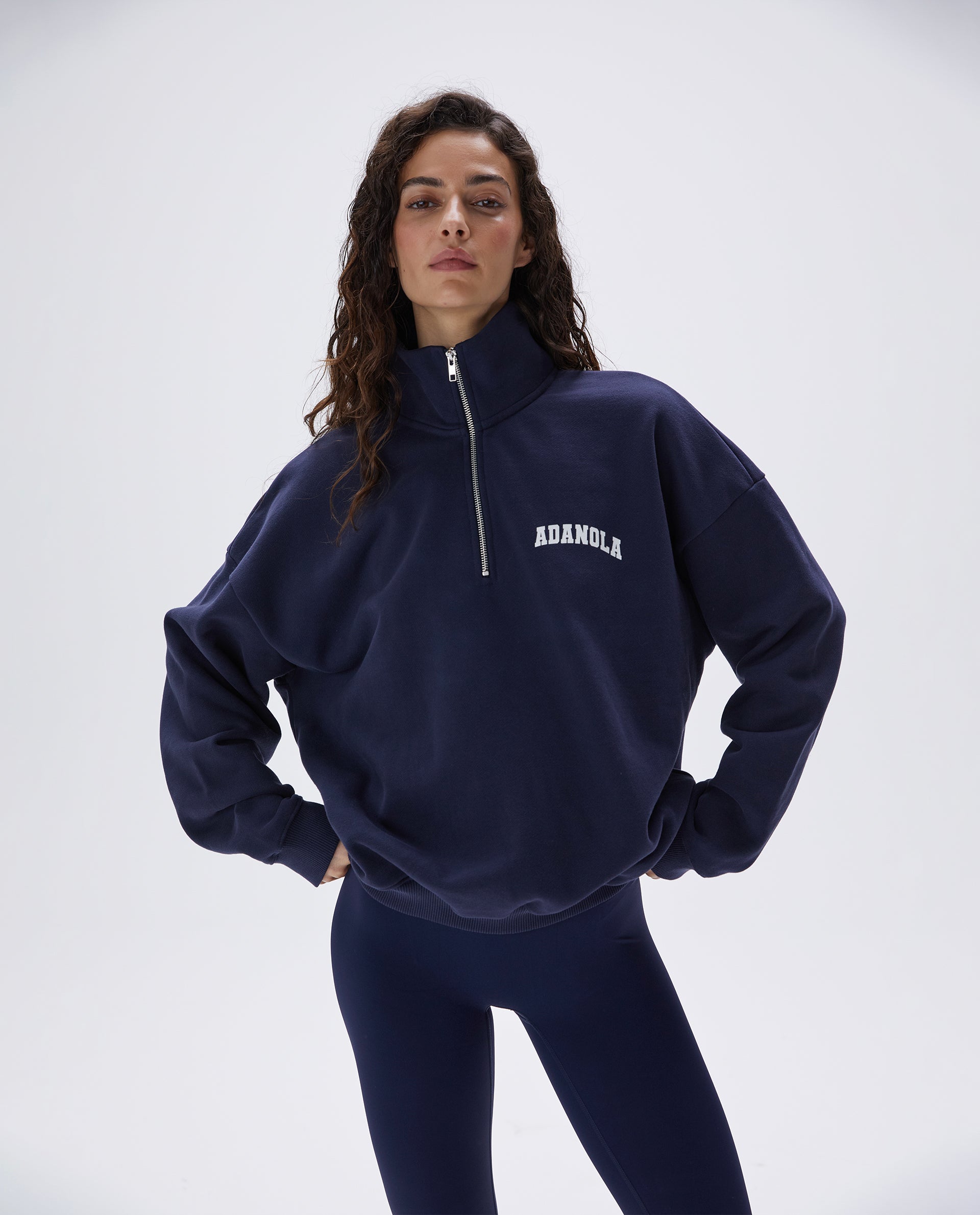 Varsity Oversized Funnel Neck Zip-Up Sweatshirt for Women - Navy Blue Pullover Hoodie | Casual Streetwear, Loungewear & Winter Fashion