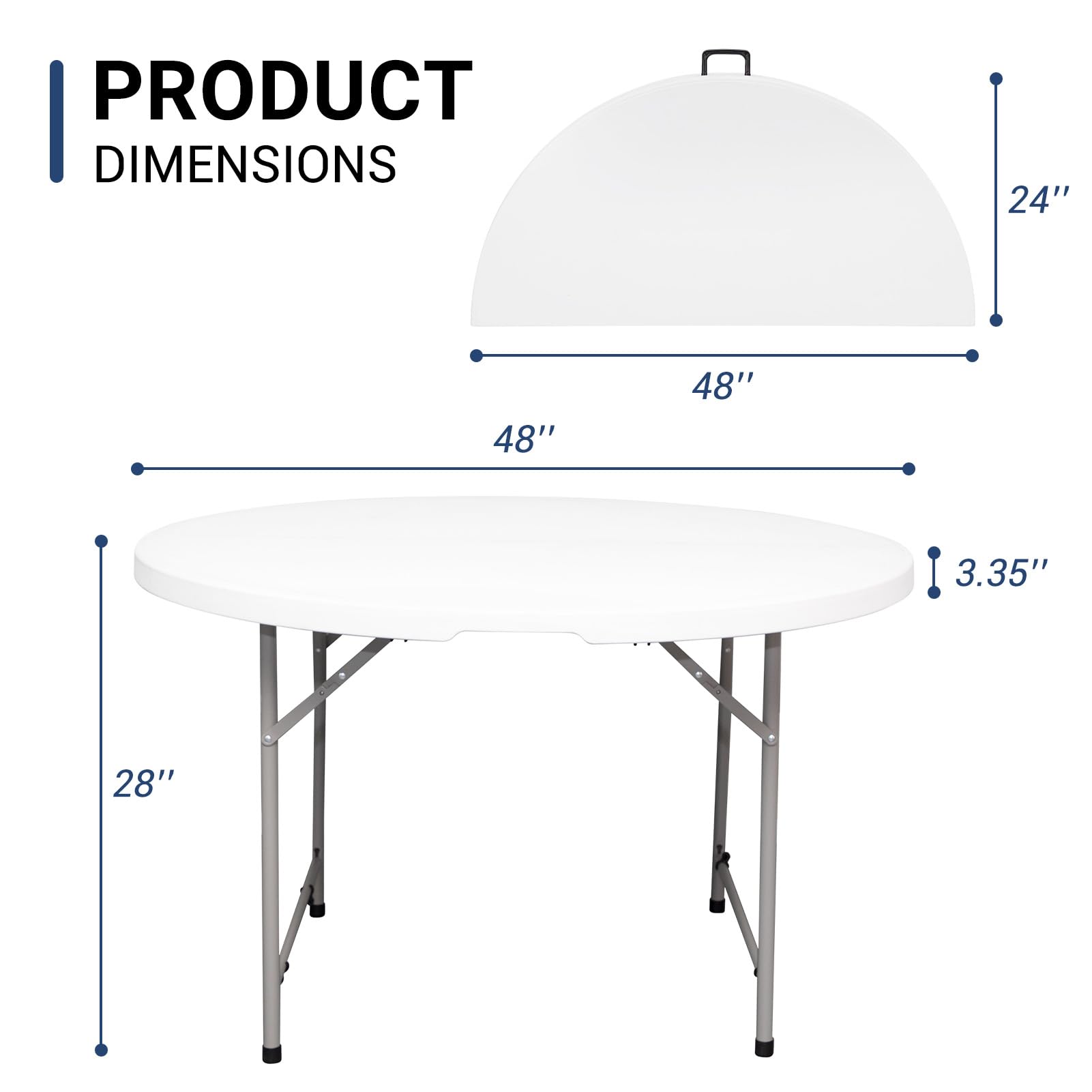 48in Round Folding Table with Carrying Handle - White 4ft Portable Plastic Dining Table for Kitchen, Outdoor, Party, Wedding & Events | Perfect for Picnics, BBQs, Banquets and Home Use