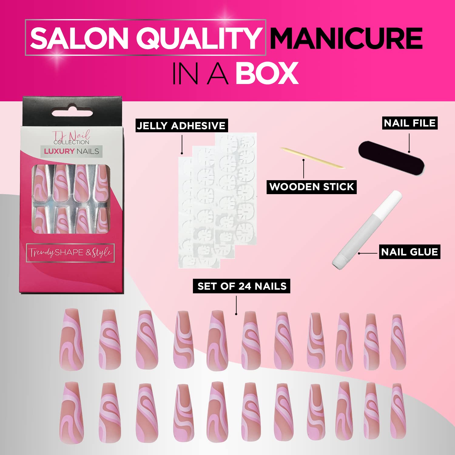 24-Piece Long Press on Nails Kit for Women - Acrylic Fake Nails with Glue, Stickers, Nail File & Cuticle Stick (Pink Swirl) - Perfect for Parties, Weddings & Everyday Glam