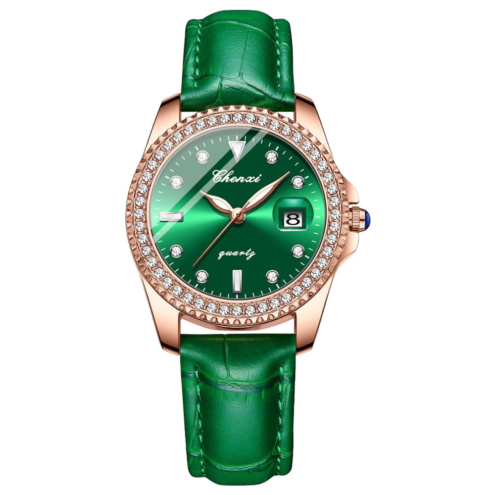 Luxury Green Iced Out Women's Watch - Quartz Movement, Crystal Rhinestone Diamond, Leather Strap | Elegant Wristwatch for Women | Perfect for Parties, Weddings & Special Occasions