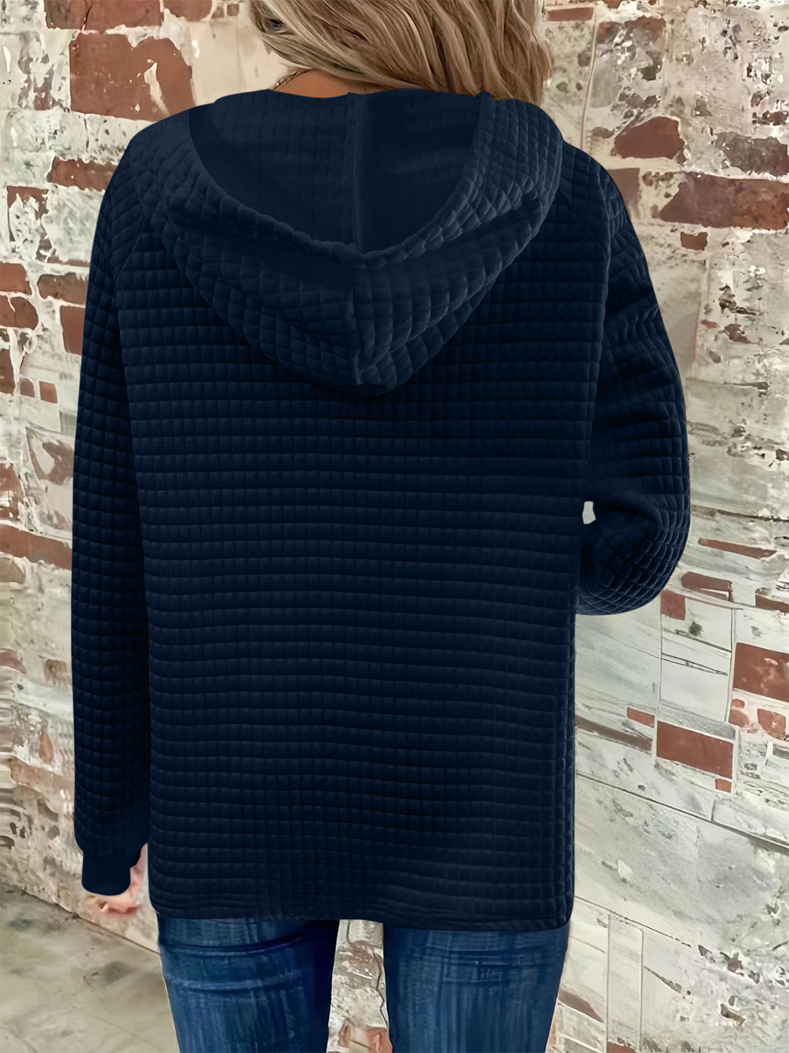 Full Size Textured Button Detail Drawstring Long Sleeve Hoodie for Men & Women - Cozy Casual Wear for Fall Winter Outdoor Activities