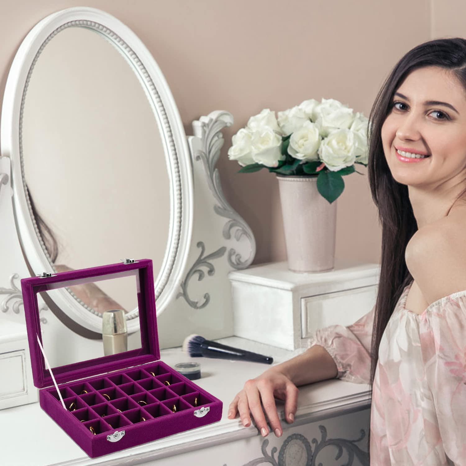 Lainrrew 24-Slot Velvet Jewelry Organizer Box - Elegant Ring & Earring Display Case for Women | Perfect for Travel, Vanity & Gift Giving (Purple)