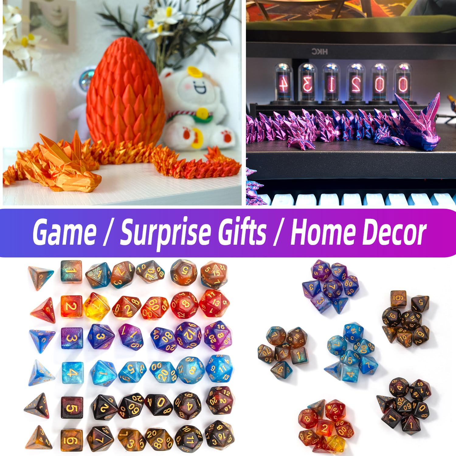 Premium 7-Piece DND Dice Set with 3D Printed Dragon Egg - Fidget Toys for Stress Relief, RPG Gaming Accessories for DND MTG - Perfect Gift for Tabletop Gamers & Fantasy Lovers