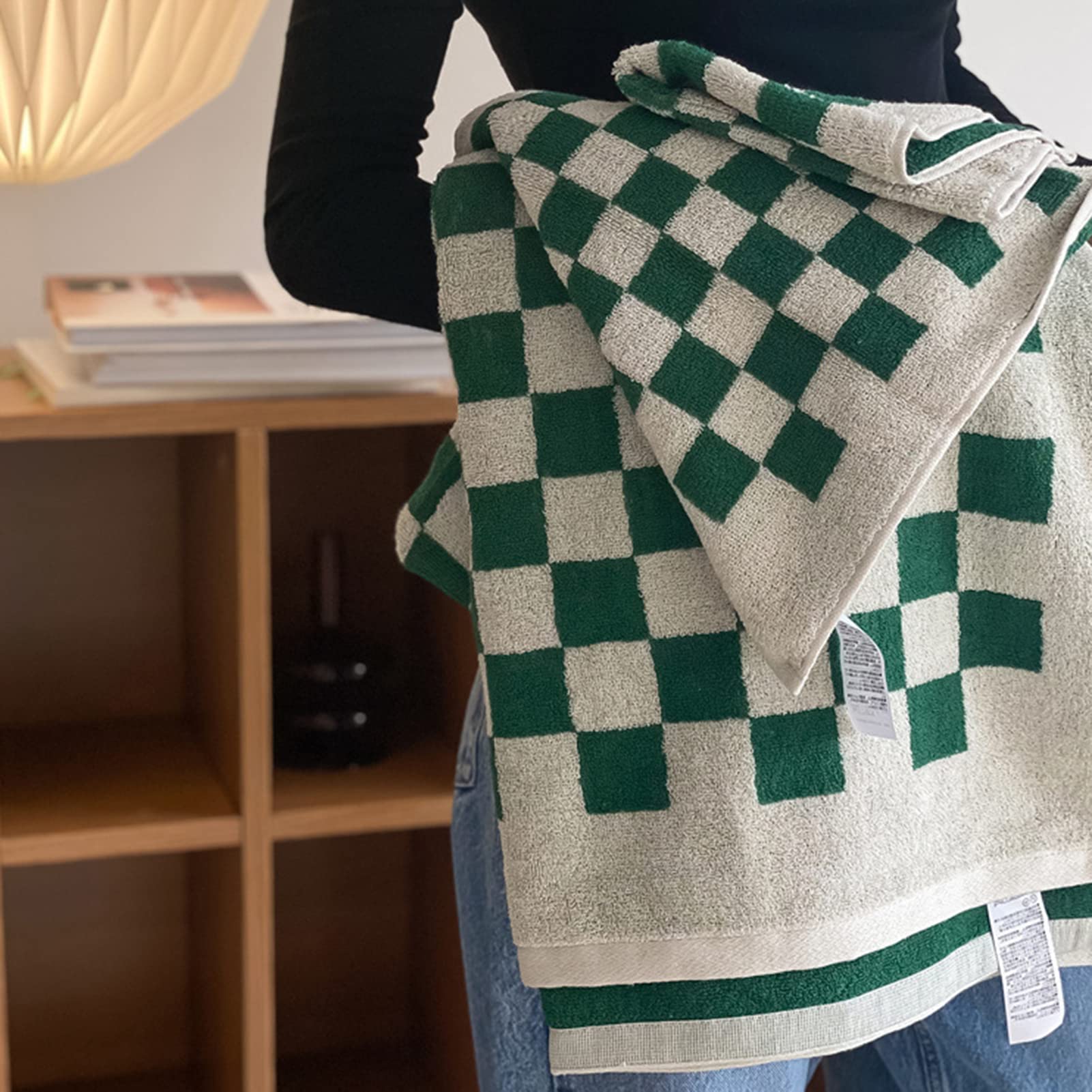 Minimalist Checkered Hand Towels - Soft Bath Towel Set for Bathroom, Dorm & Teens - Green Checkerboard Fingertip Towels - Perfect for Spa, Gym & Everyday Use