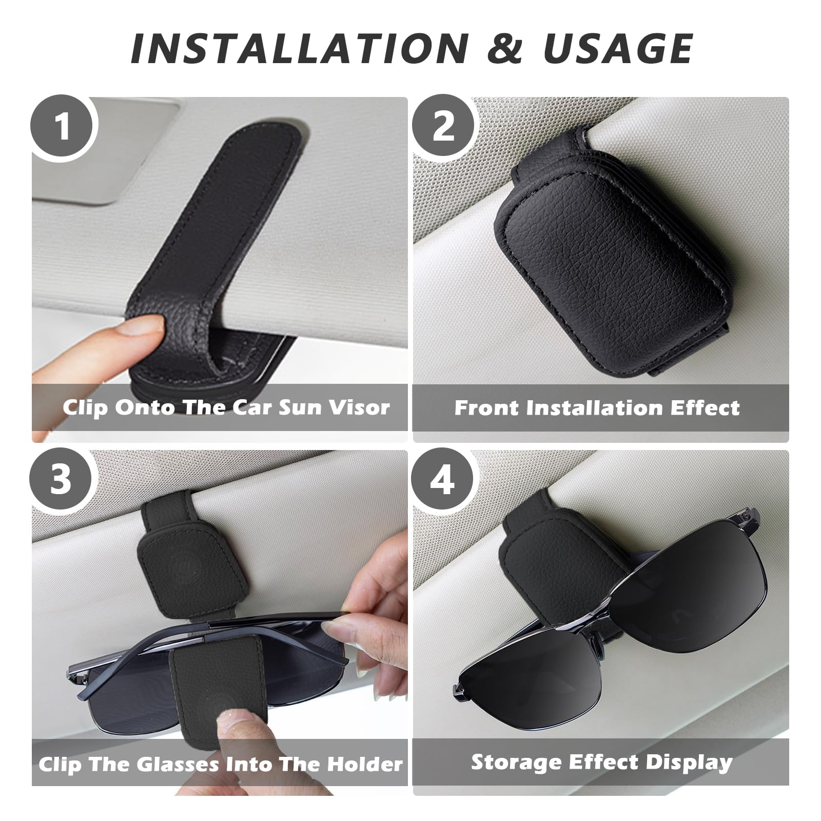 Magnetic Leather Sunglasses Holder for Car (2 Pack) - Car Visor Clip for Eyeglasses, Cards & Tickets - Durable Car Accessories for Organizing Sunglasses - Perfect for Road Trips, Commuting & Daily Driving